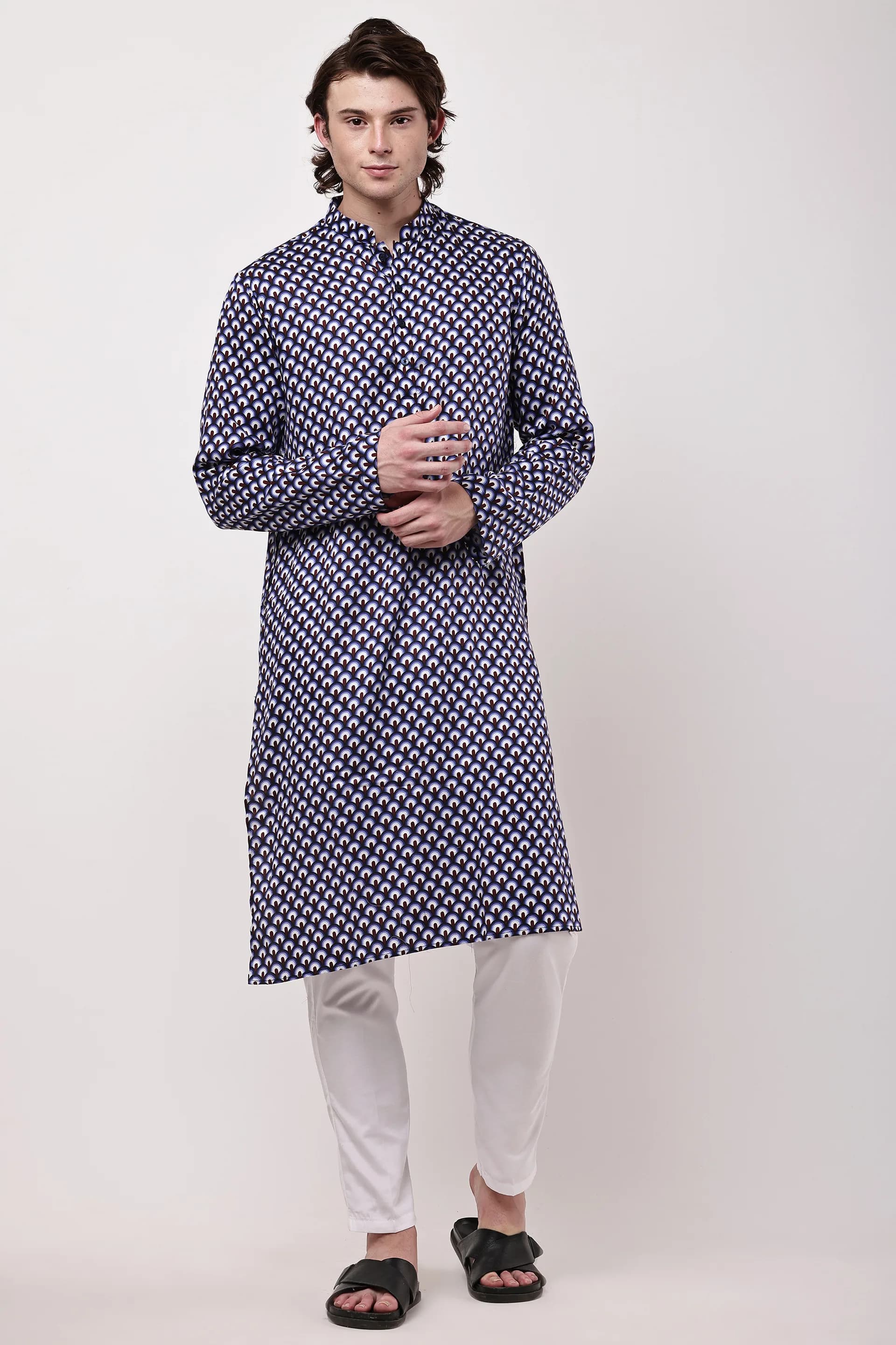 Men Navy Blue & Beige Geometric Printed Cotton Kurta Set