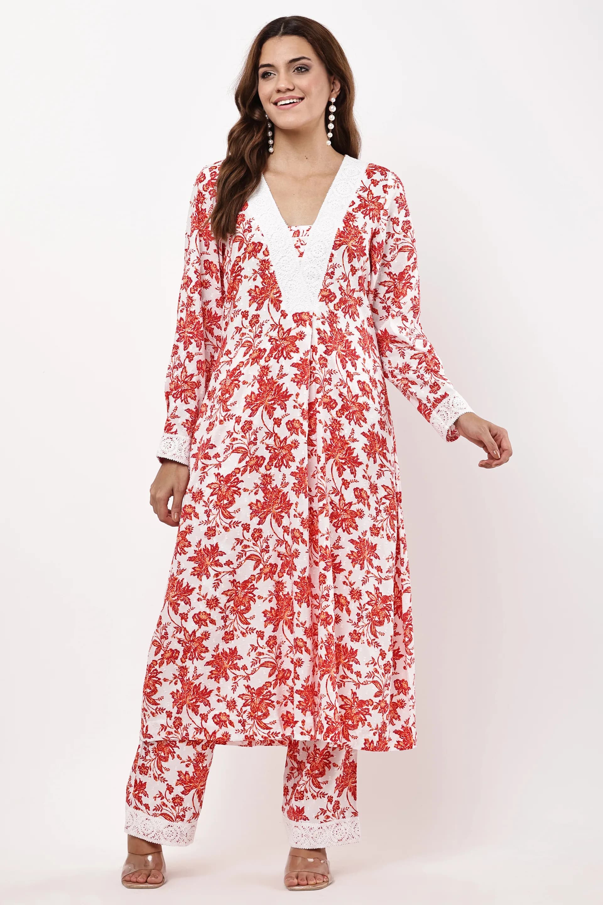 White & Red Floral Printed A-Line Kurta Set