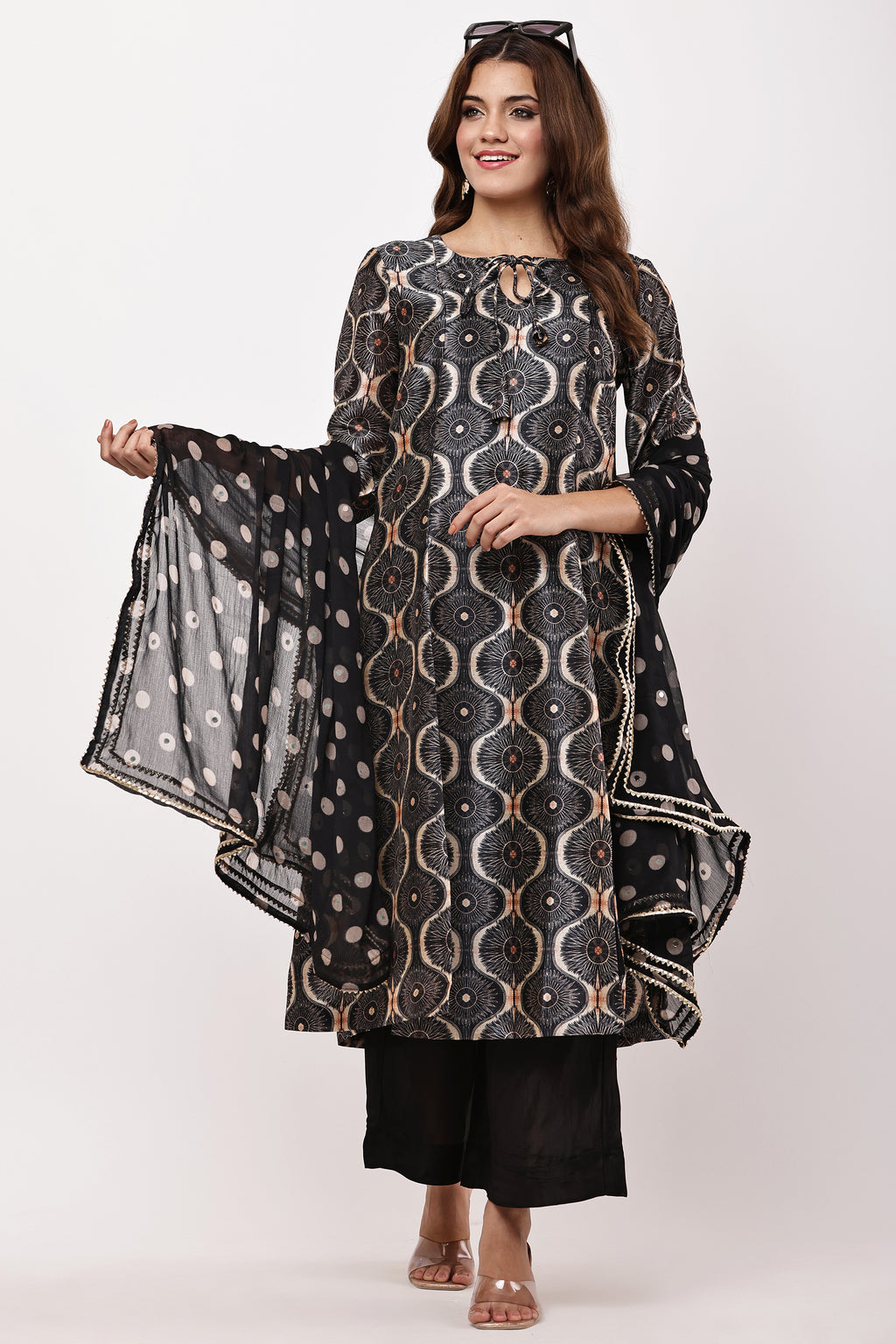 Women Black & Beige Ethnic Motifs Printed Kurta with Palazzo & Dupatta