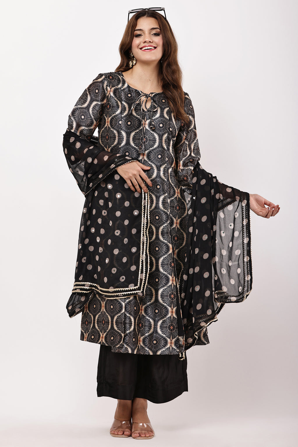 Women Black & Beige Ethnic Motifs Printed Kurta with Palazzo & Dupatta