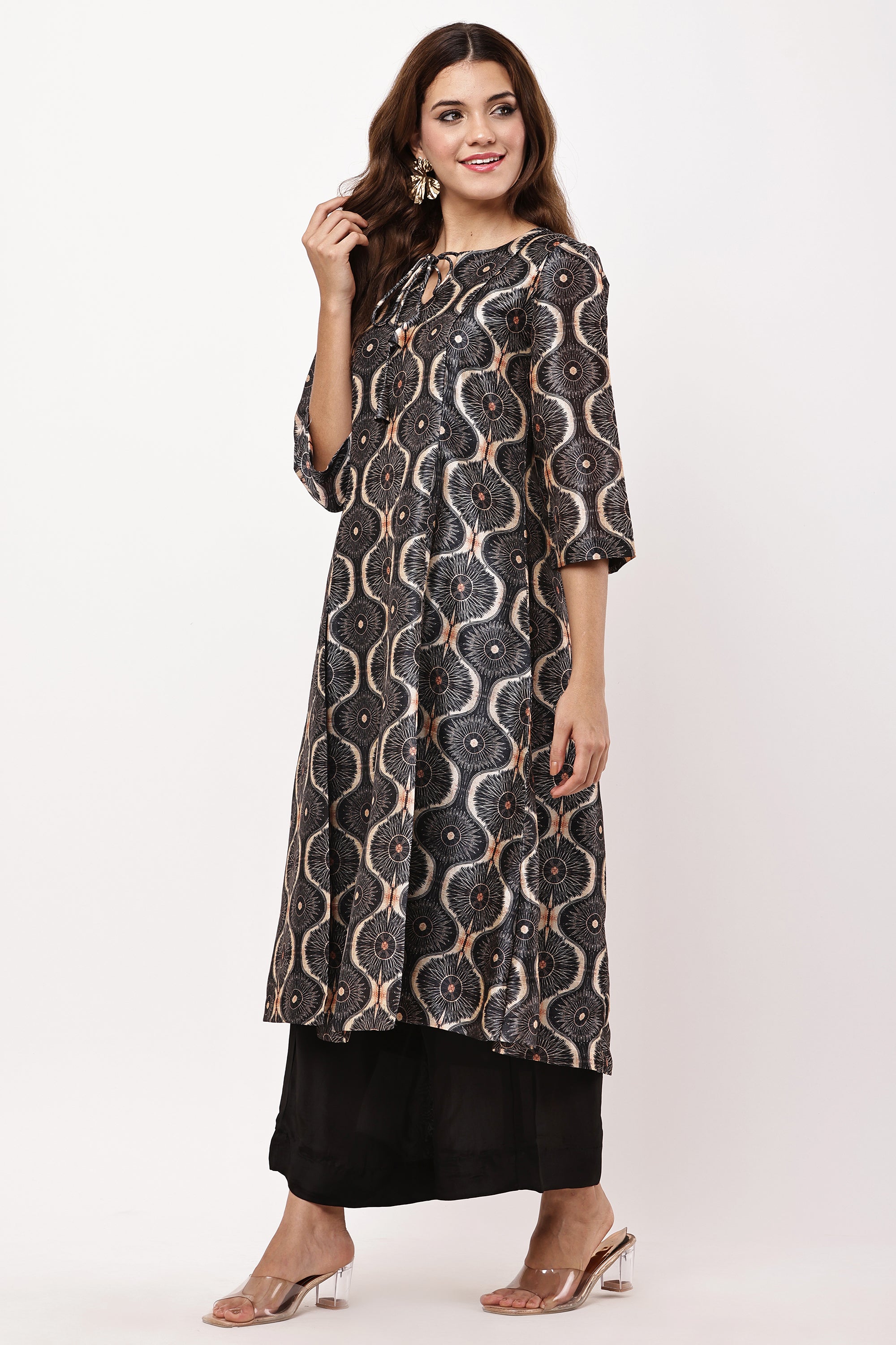 Women Black & Beige Ethnic Motifs Printed Kurta with Palazzo & Dupatta