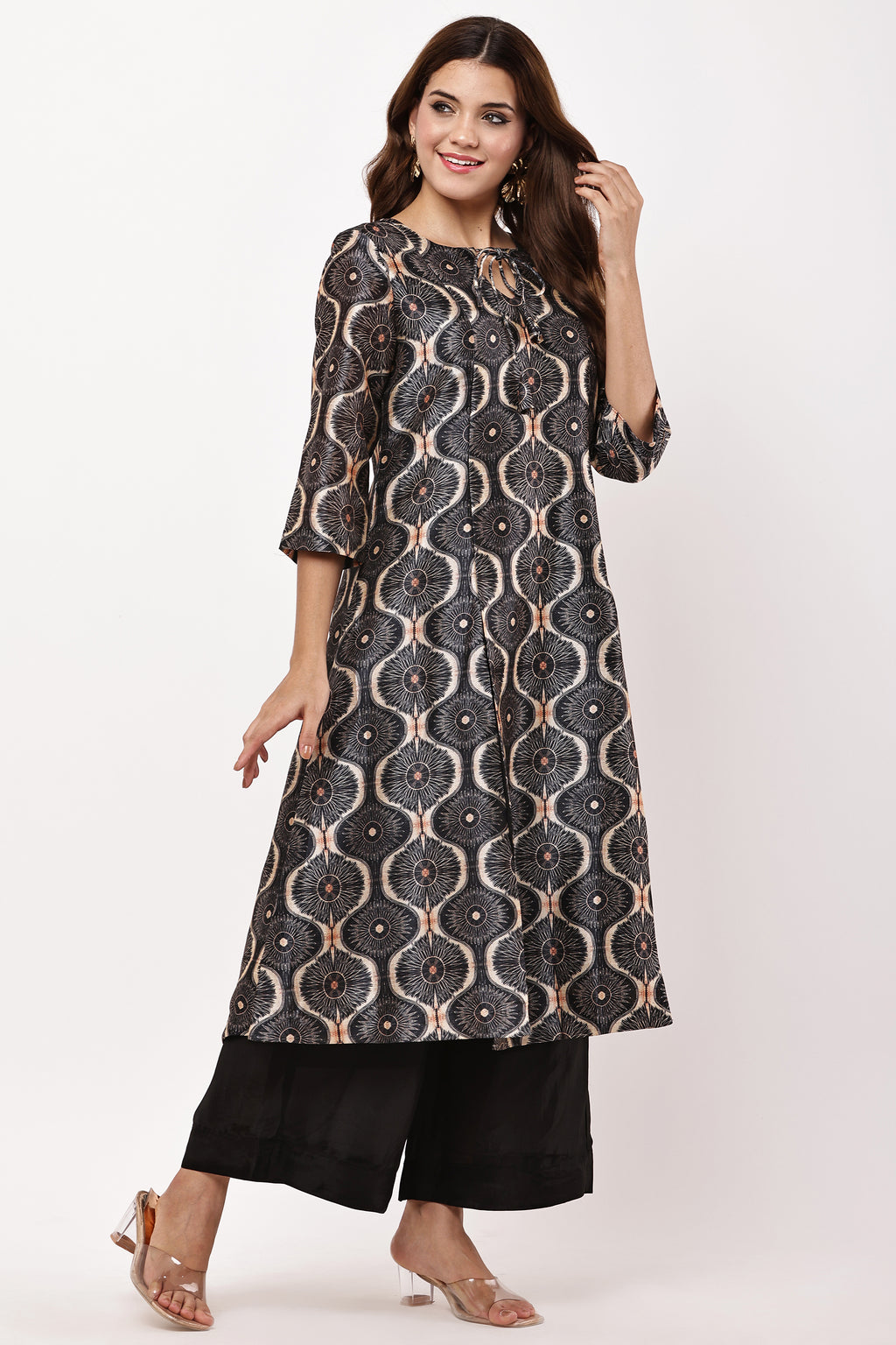 Women Black & Beige Ethnic Motifs Printed Kurta with Palazzo & Dupatta