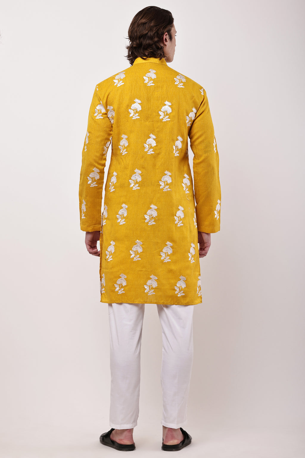 Men Mustard Yellow Embroidered Straight Kurta Set