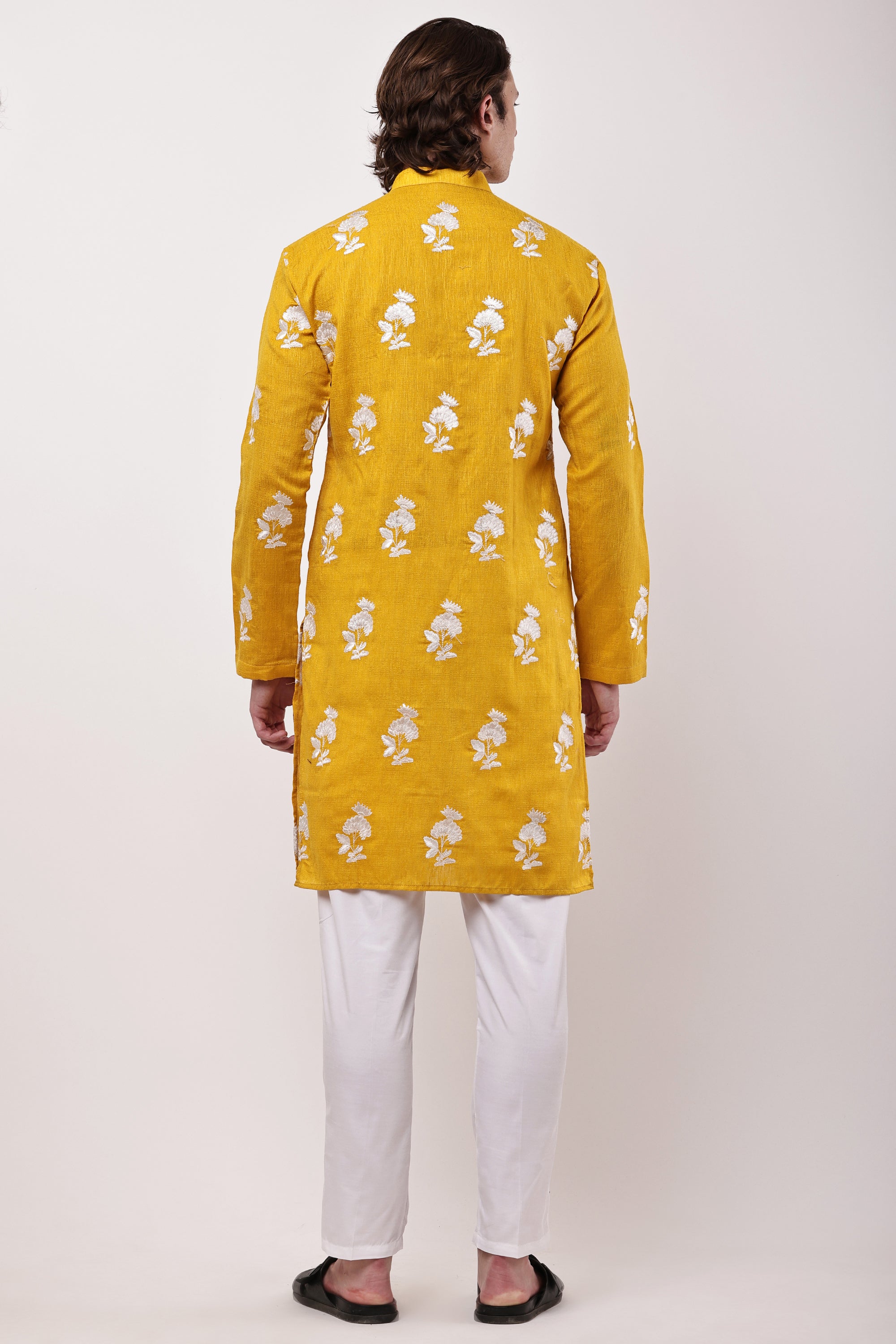 Men Mustard Yellow Embroidered Straight Kurta Set