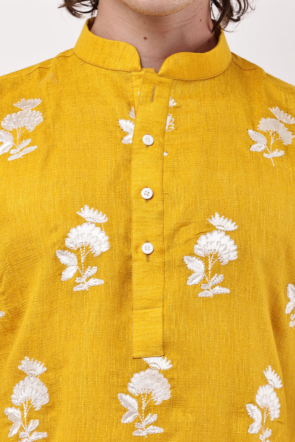 Men Mustard Yellow Embroidered Straight Kurta Set