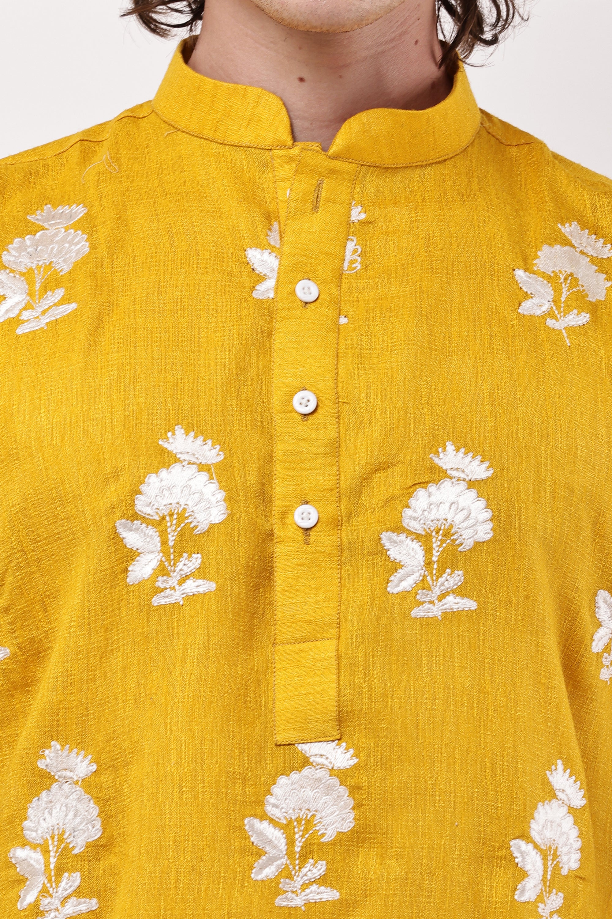 Men Mustard Yellow Embroidered Straight Kurta Set