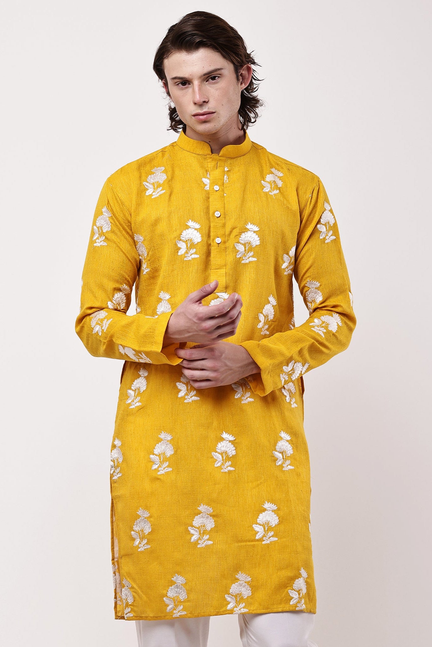 Men Mustard Yellow Embroidered Straight Kurta Set