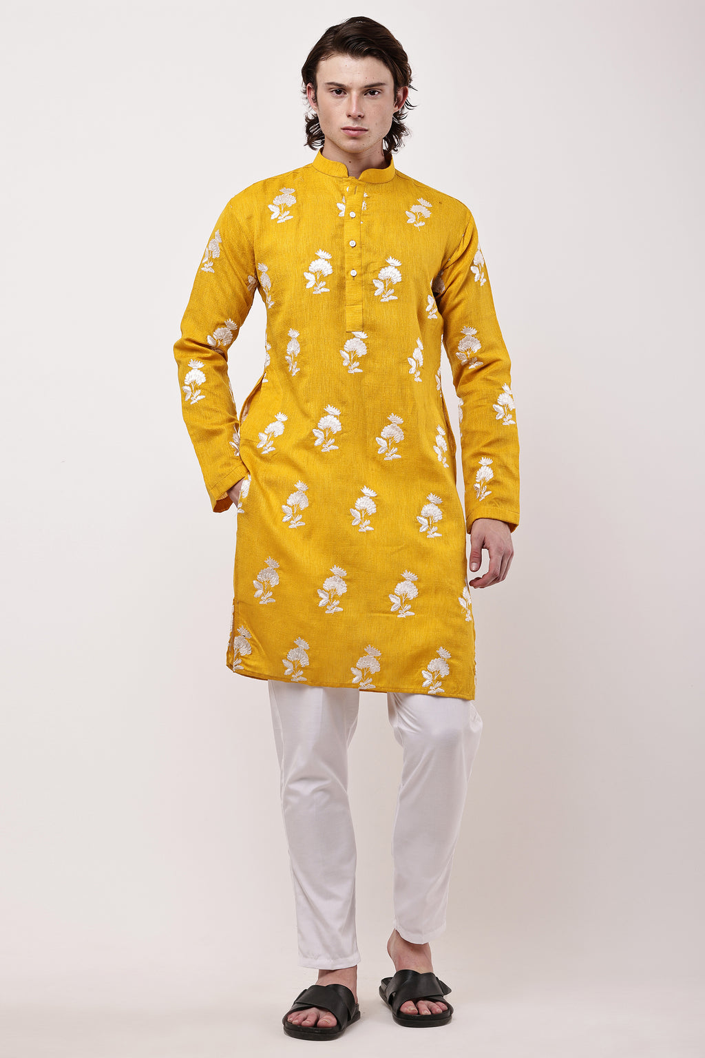 Men Mustard Yellow Embroidered Straight Kurta Set