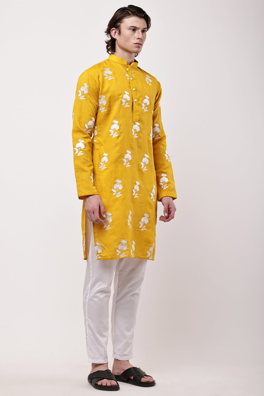 Men Mustard Yellow Embroidered Straight Kurta Set