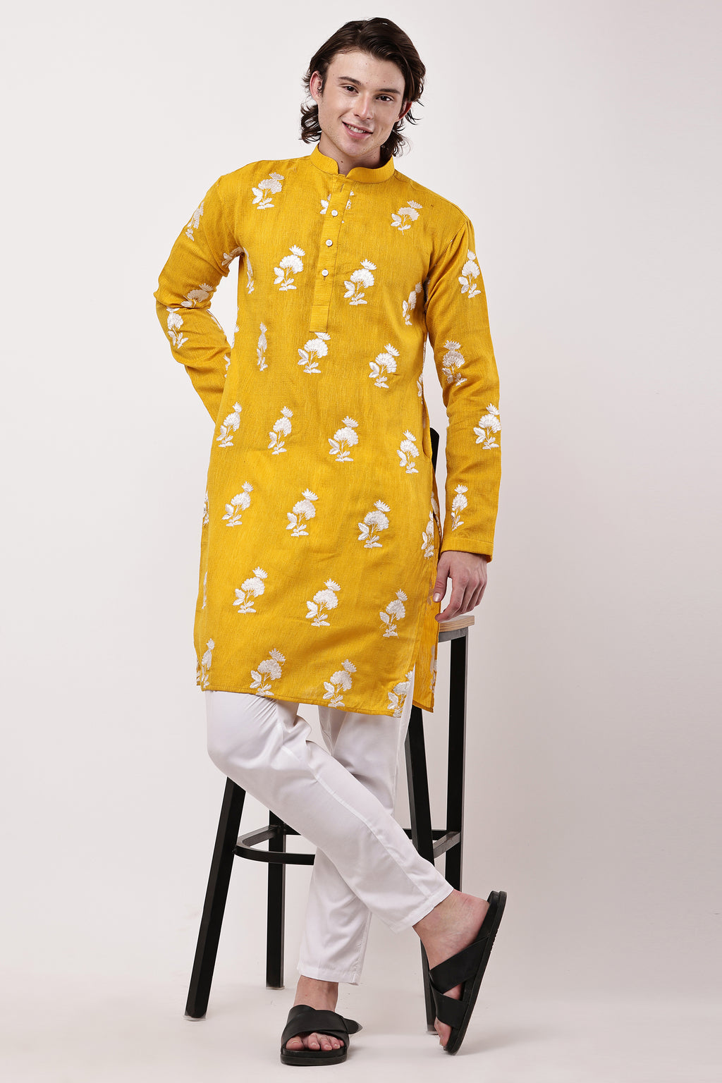 Men Mustard Yellow Embroidered Straight Kurta Set