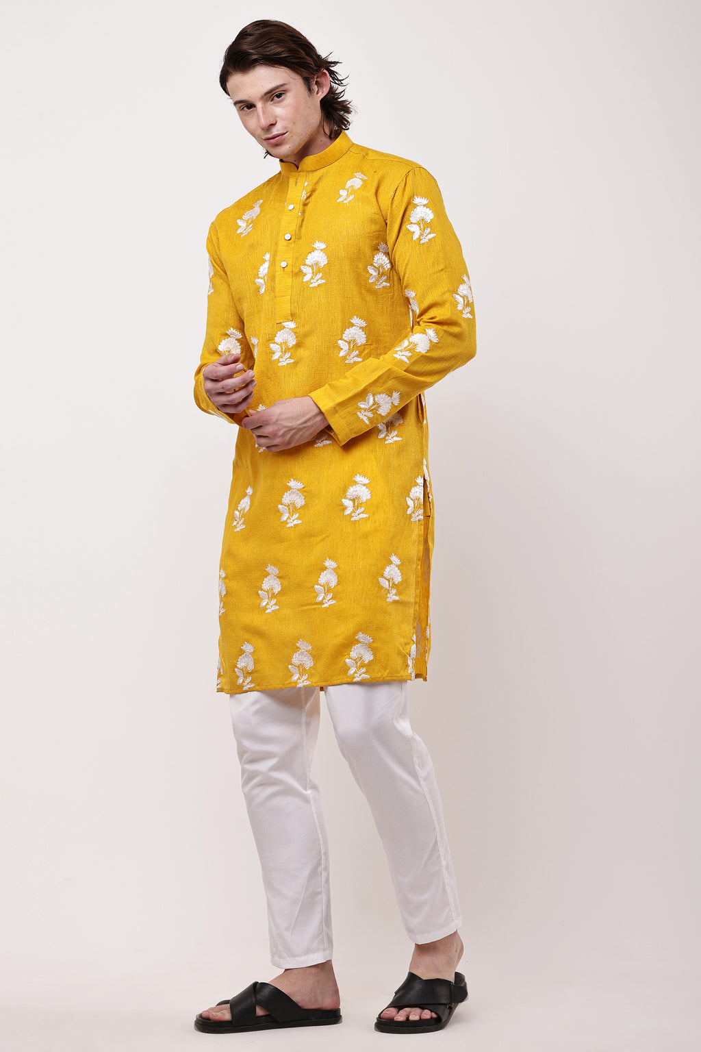 Men Mustard Yellow Embroidered Straight Kurta Set