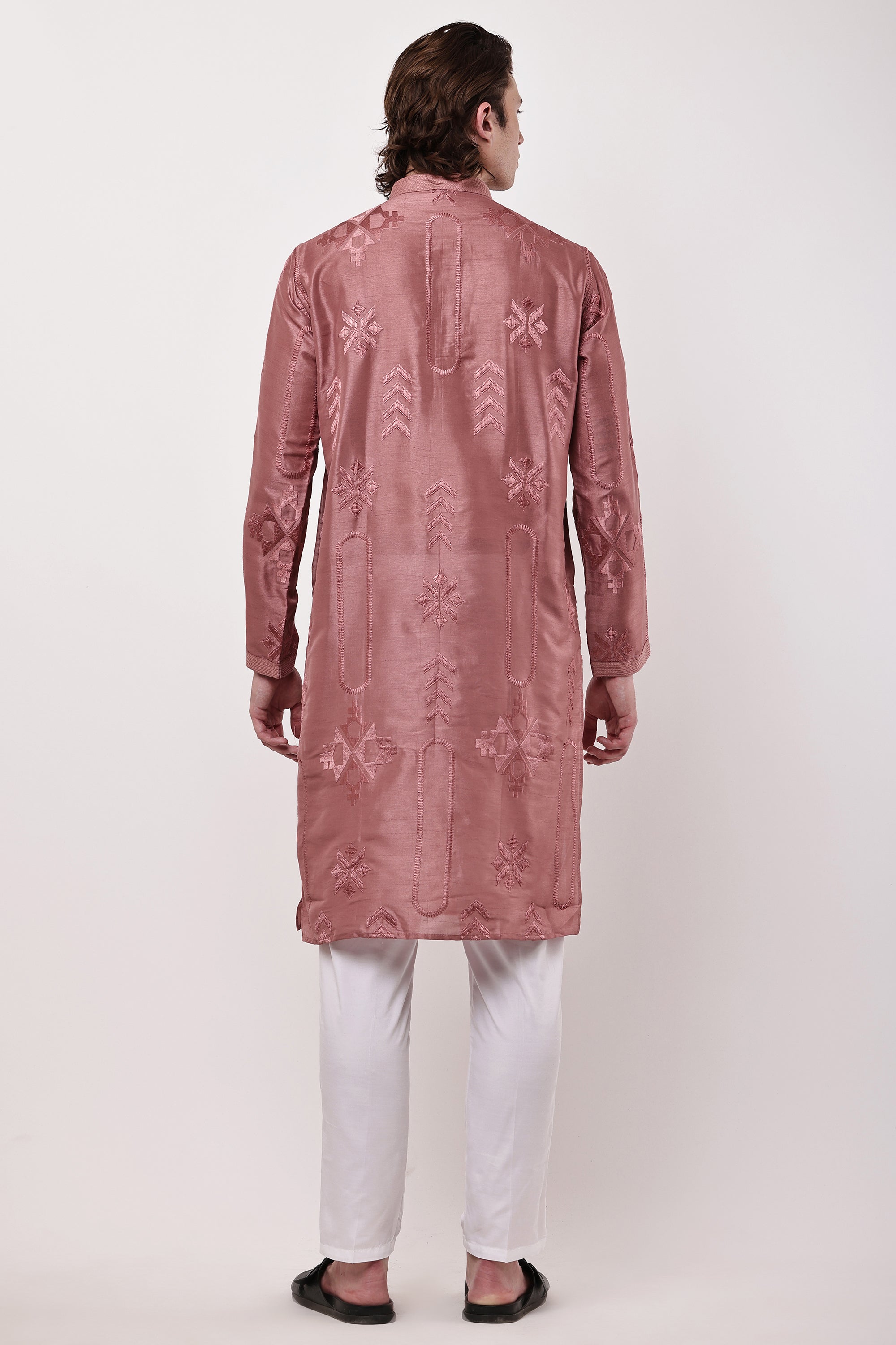 Men Dusty Rose Pink Embroidered Straight Kurta Set