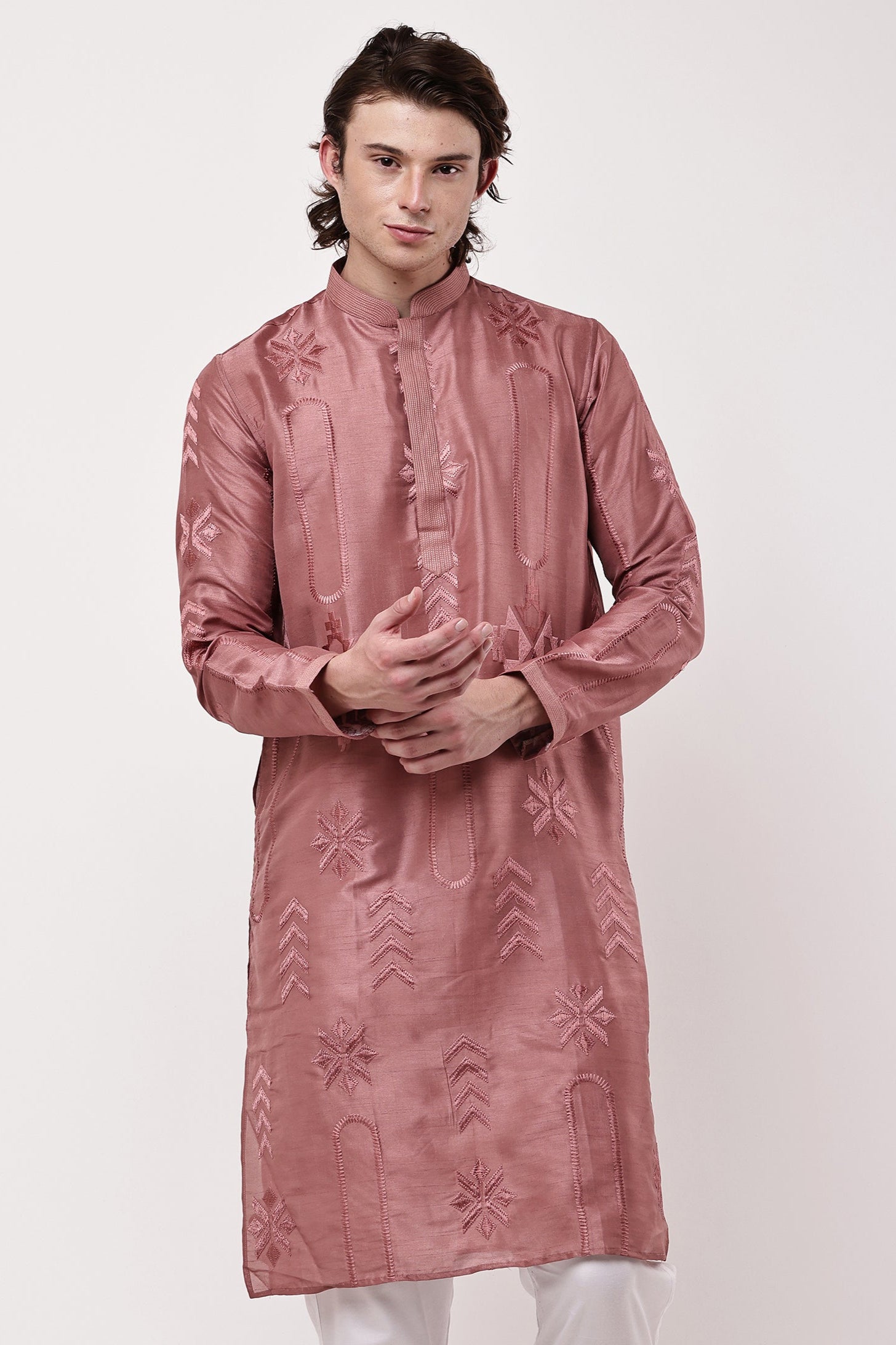 Men Dusty Rose Pink Embroidered Straight Kurta Set