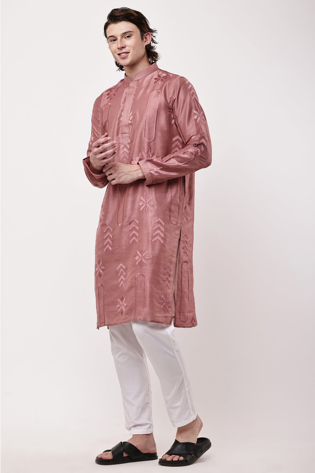 Men Dusty Rose Pink Embroidered Straight Kurta Set