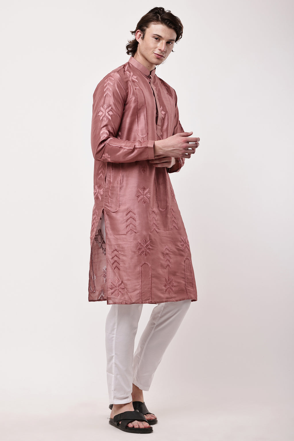 Men Dusty Rose Pink Embroidered Straight Kurta Set