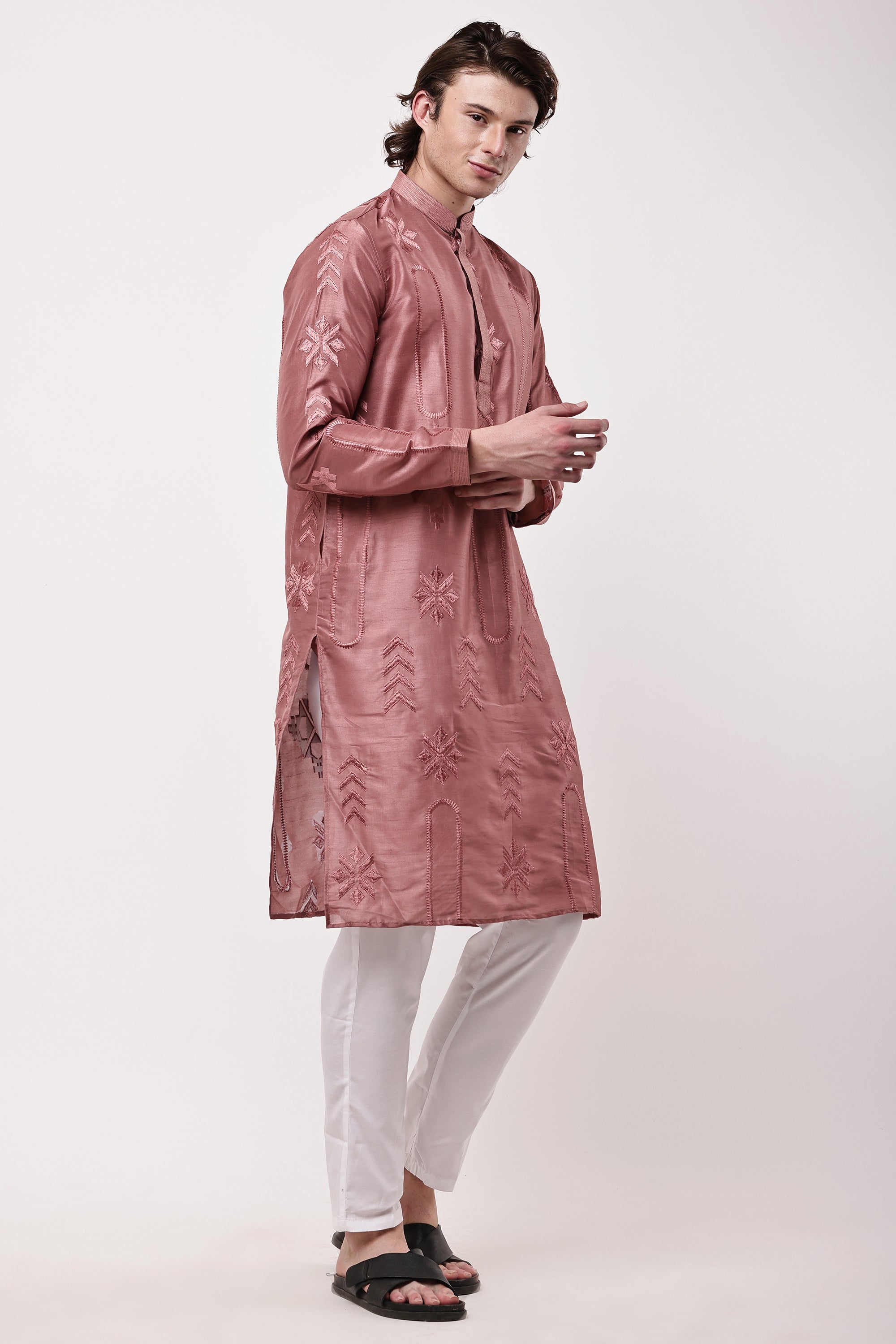 Men Dusty Rose Pink Embroidered Straight Kurta Set