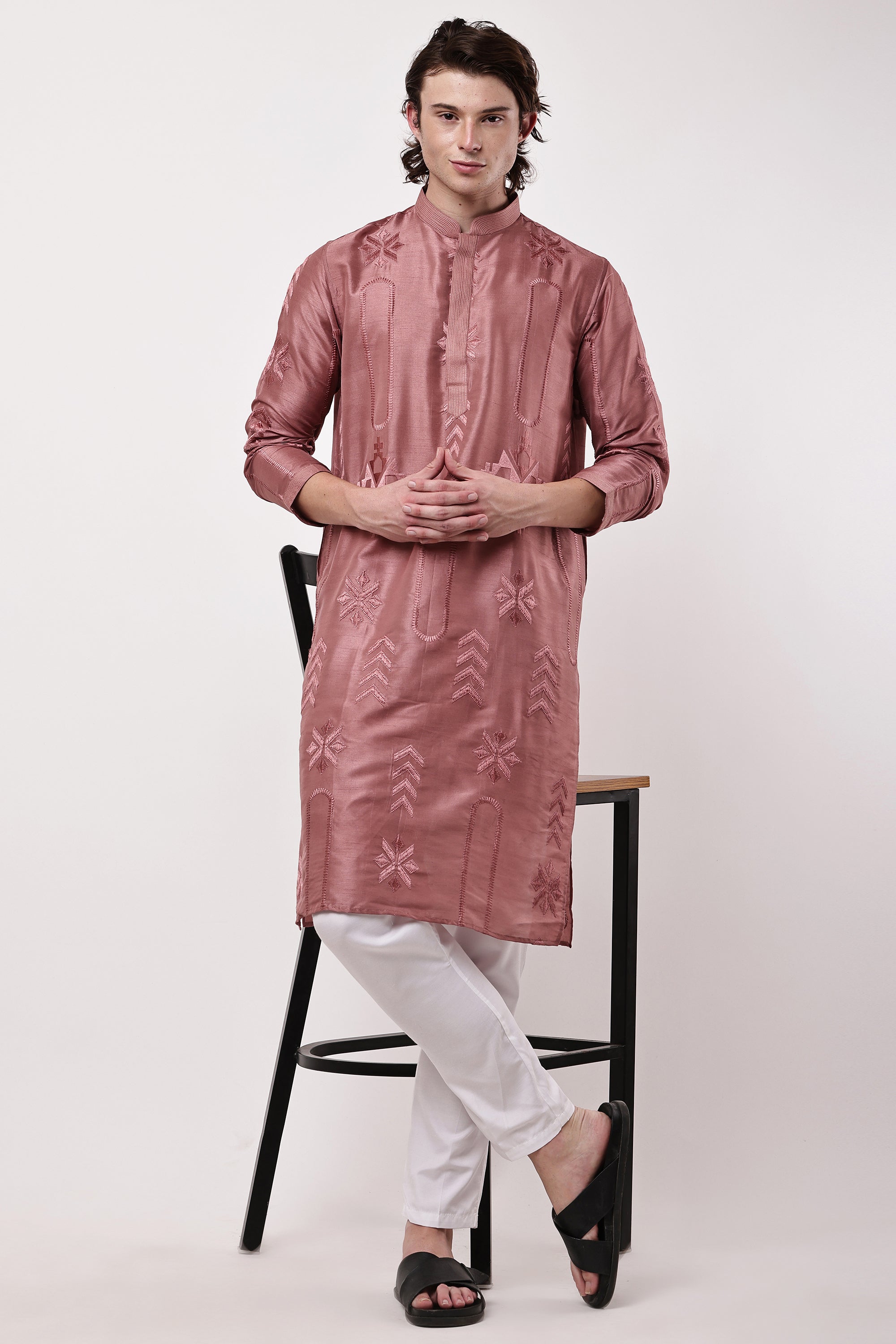 Men Dusty Rose Pink Embroidered Straight Kurta Set