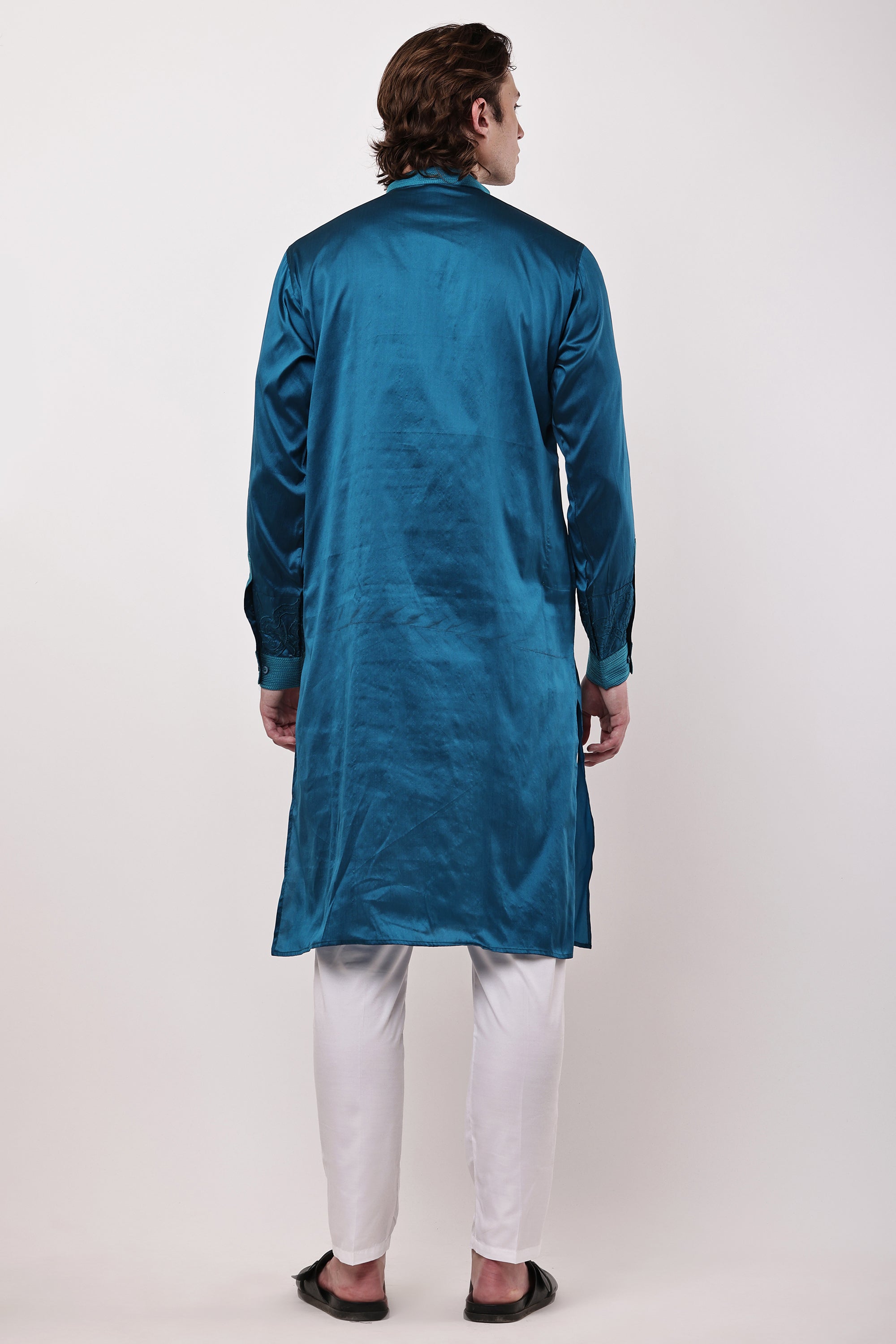 Men Teal Blue Embroidered Silk Blend Straight Kurta Set