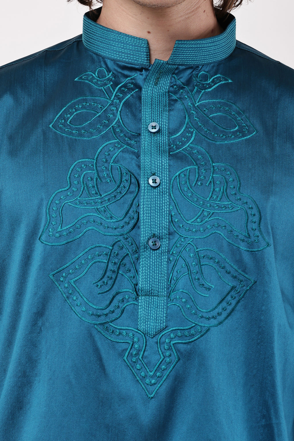 Men Teal Blue Embroidered Silk Blend Straight Kurta Set