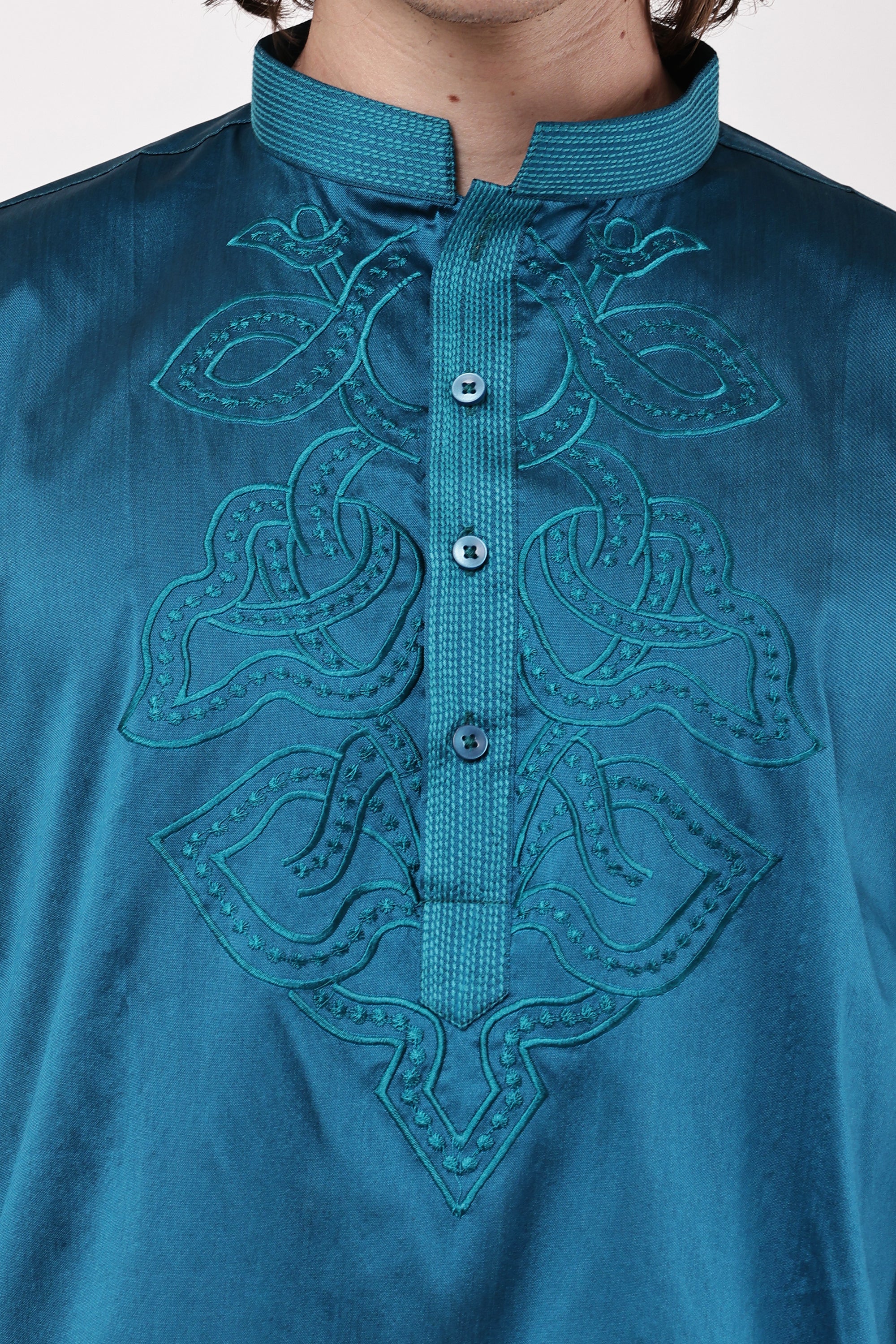 Men Teal Blue Embroidered Silk Blend Straight Kurta Set