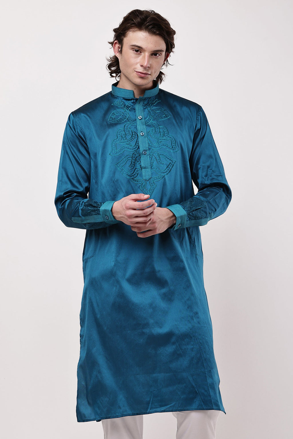 Men Teal Blue Embroidered Silk Blend Straight Kurta Set