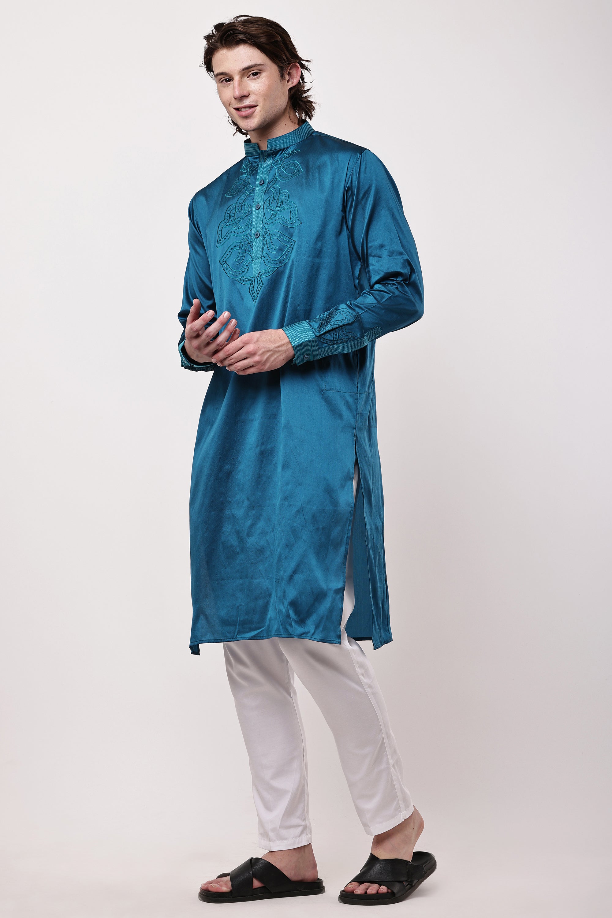 Men Teal Blue Embroidered Silk Blend Straight Kurta Set