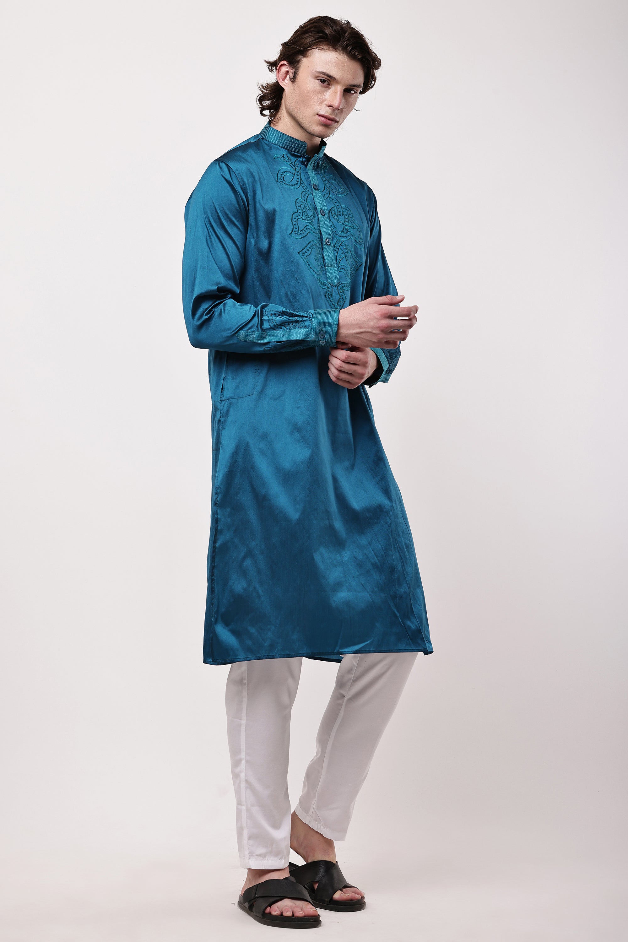 Men Teal Blue Embroidered Silk Blend Straight Kurta Set