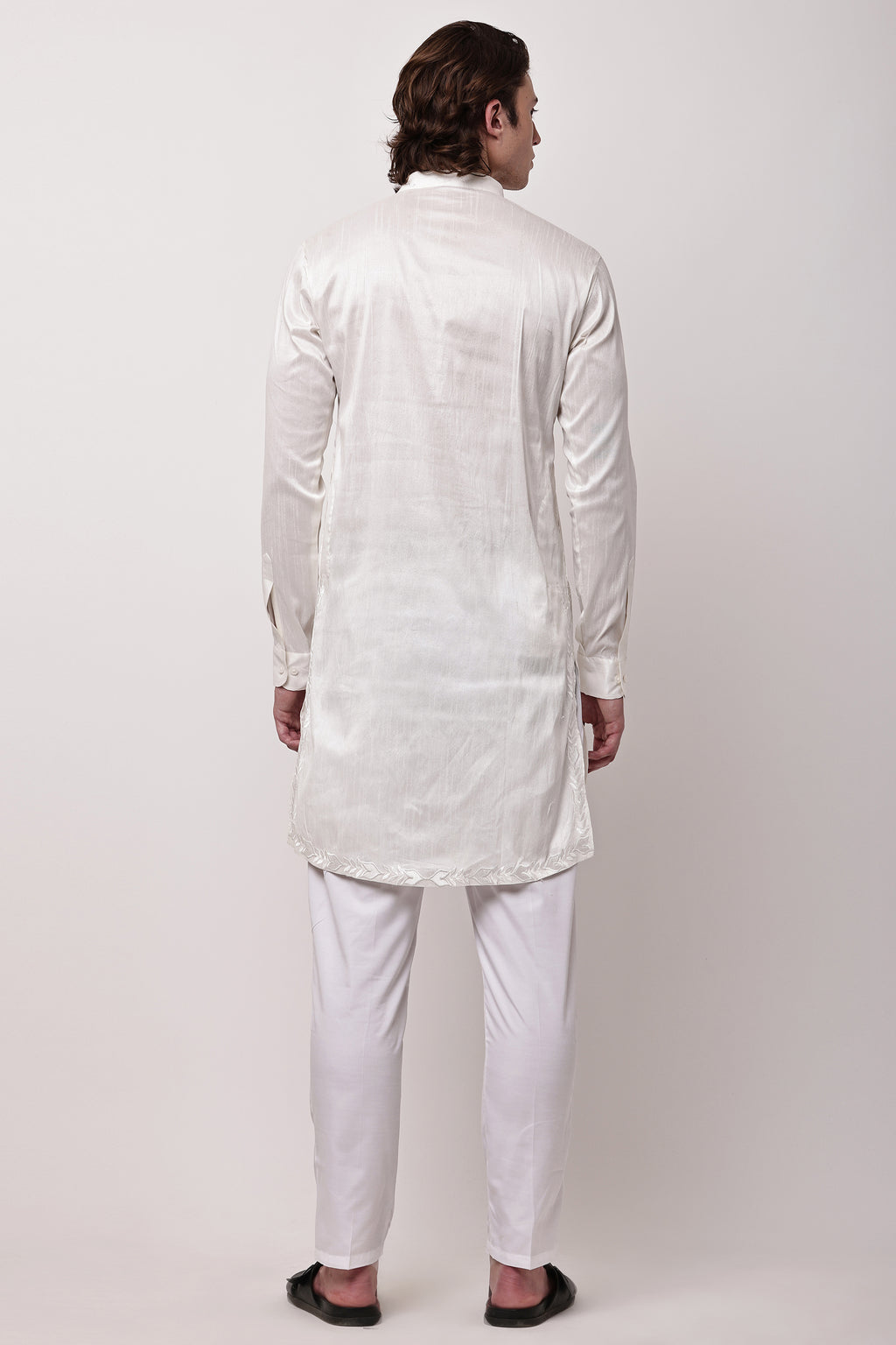 Men Off-White Self-Design Dupion Silk Embroidered Kurta Set