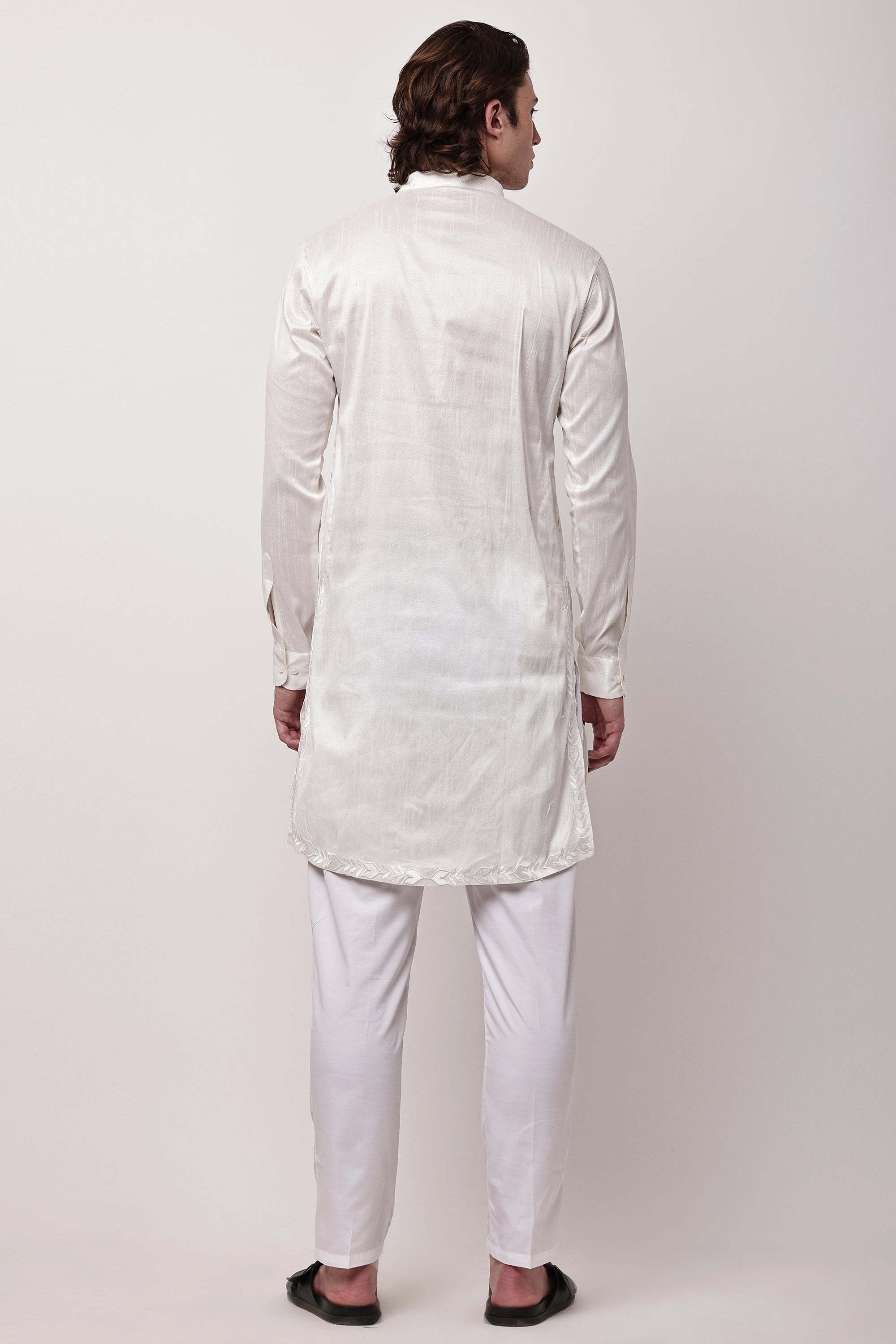 Men Off-White Self-Design Dupion Silk Embroidered Kurta Set