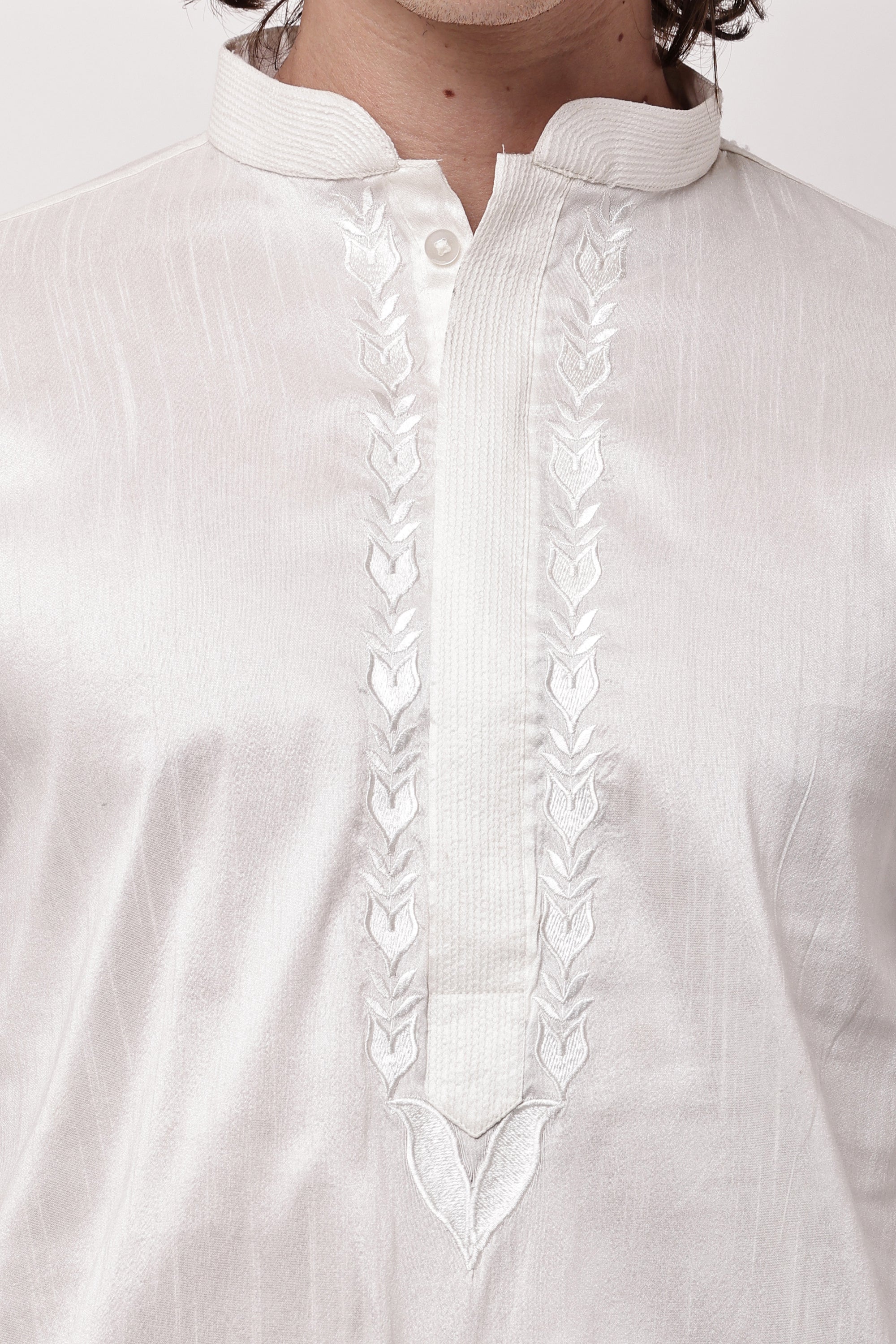 Men Off-White Self-Design Dupion Silk Embroidered Kurta Set