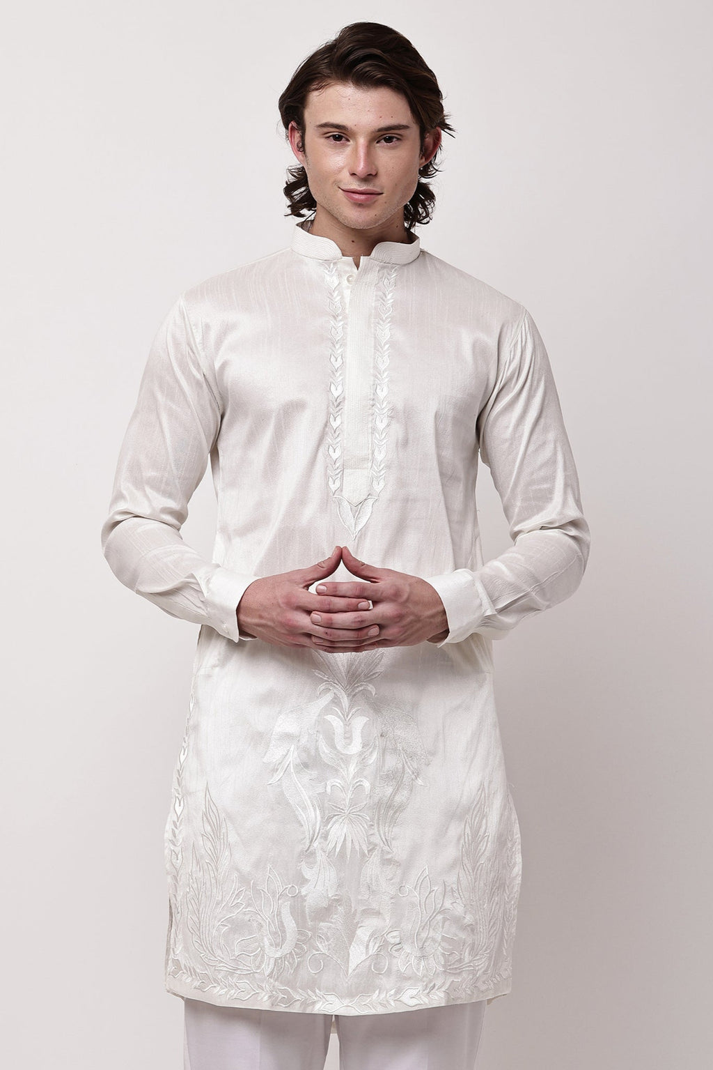 Men Off-White Self-Design Dupion Silk Embroidered Kurta Set