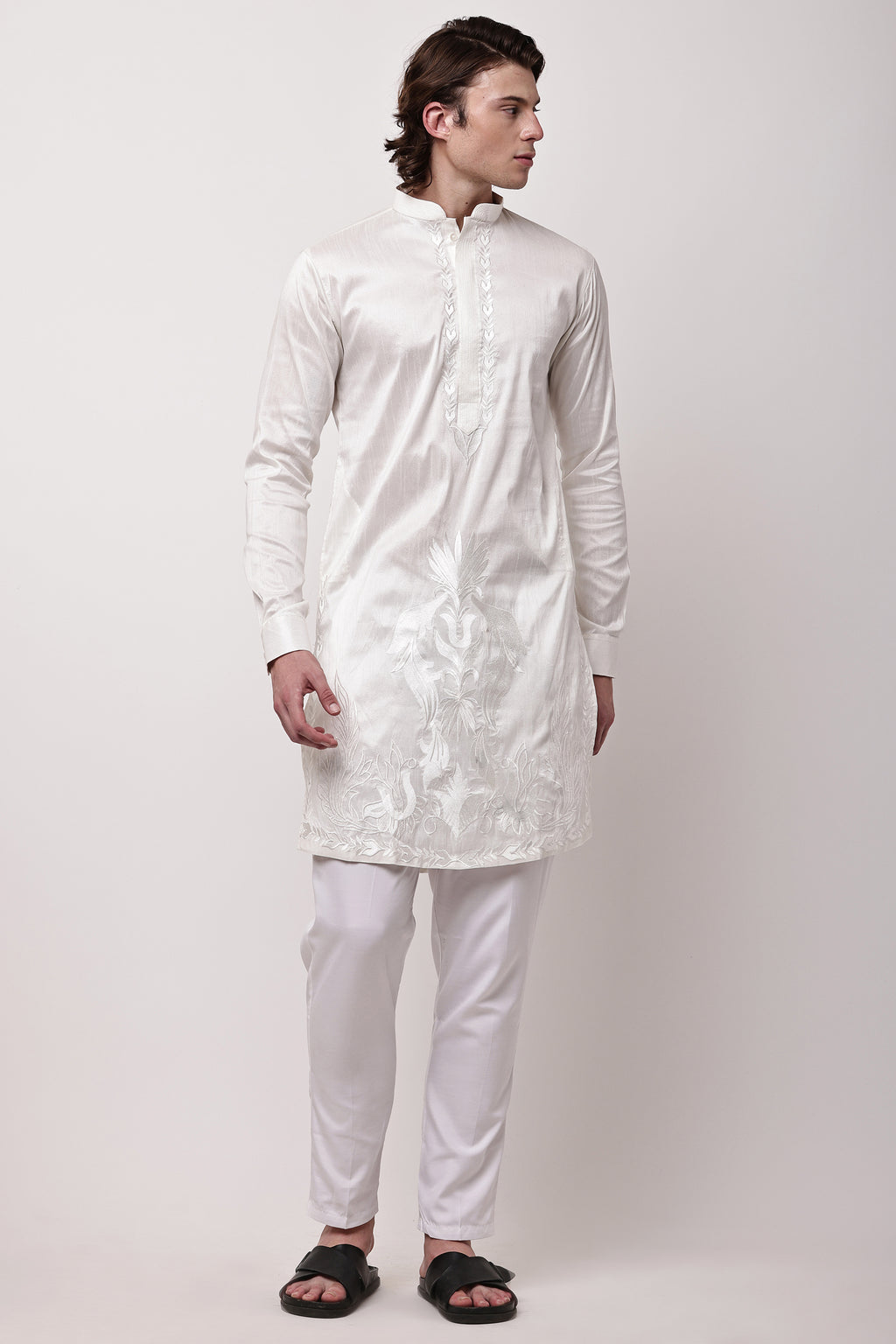 Men Off-White Self-Design Dupion Silk Embroidered Kurta Set