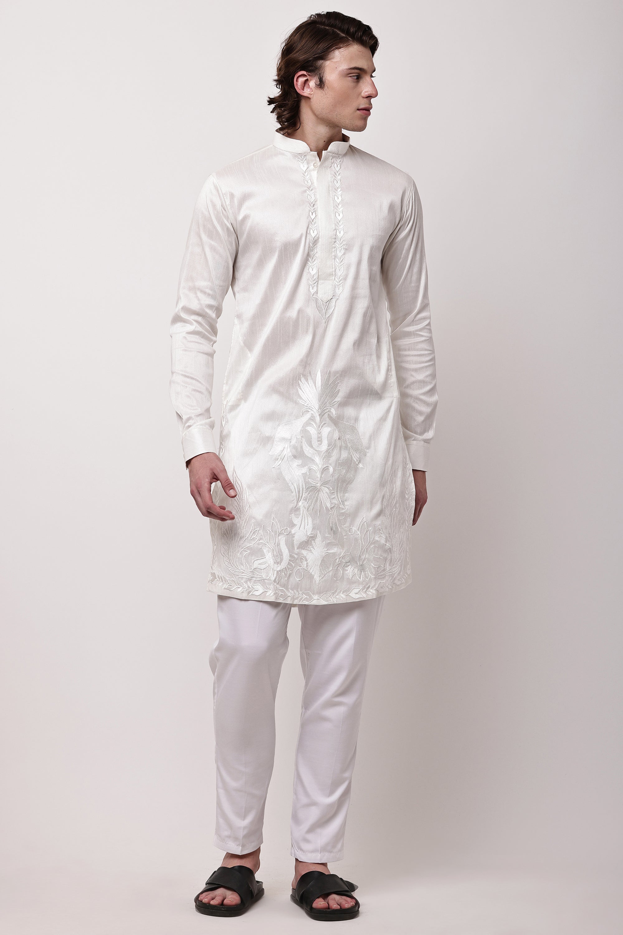 Men Off-White Self-Design Dupion Silk Embroidered Kurta Set