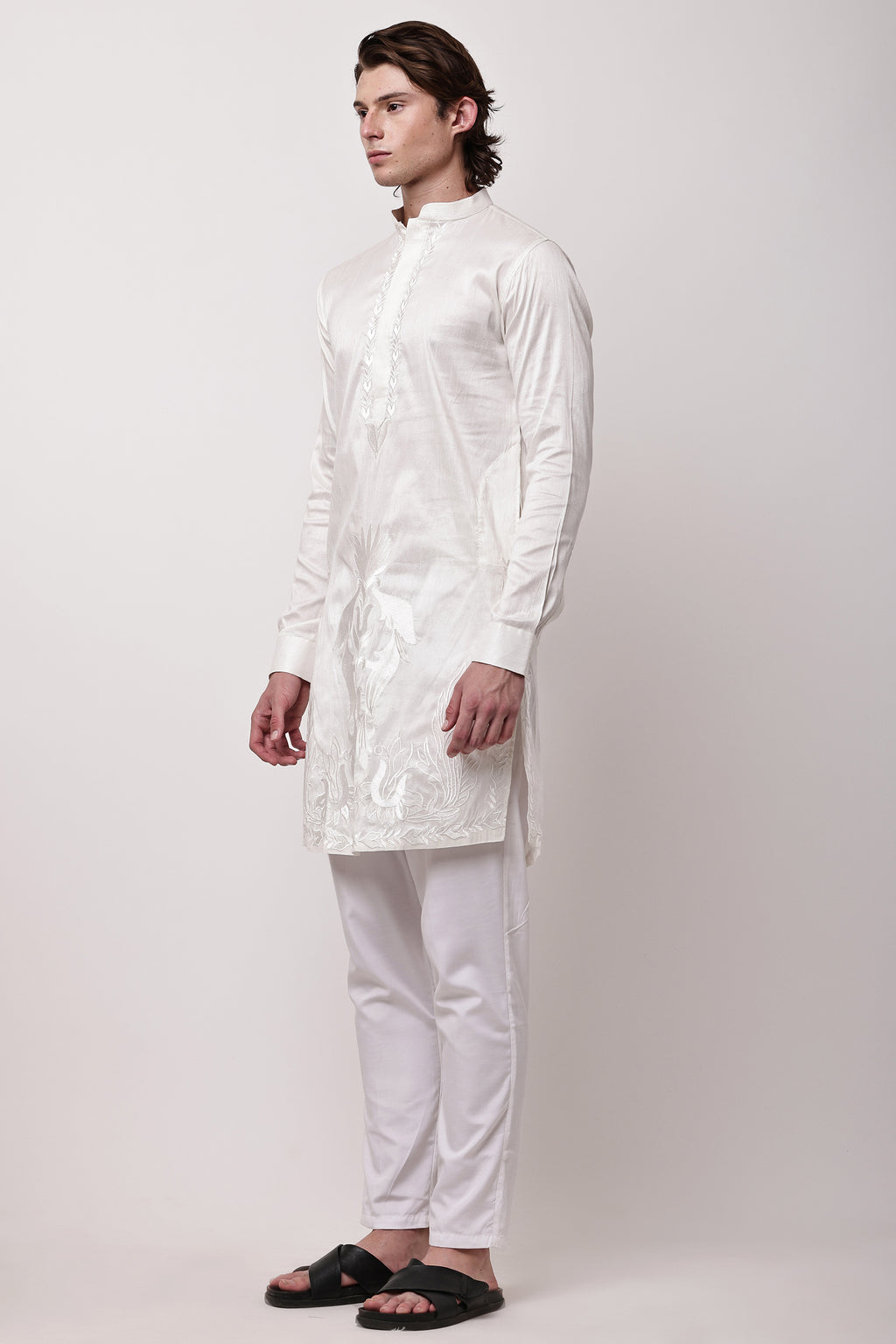 Men Off-White Self-Design Dupion Silk Embroidered Kurta Set