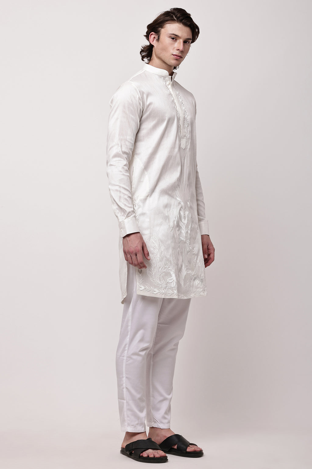 Men Off-White Self-Design Dupion Silk Embroidered Kurta Set