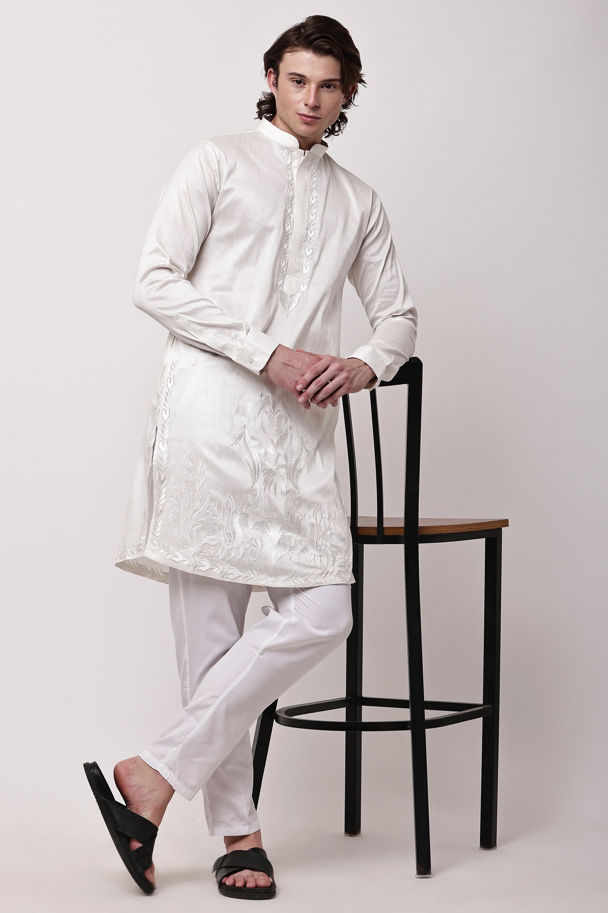 Men Off-White Self-Design Dupion Silk Embroidered Kurta Set