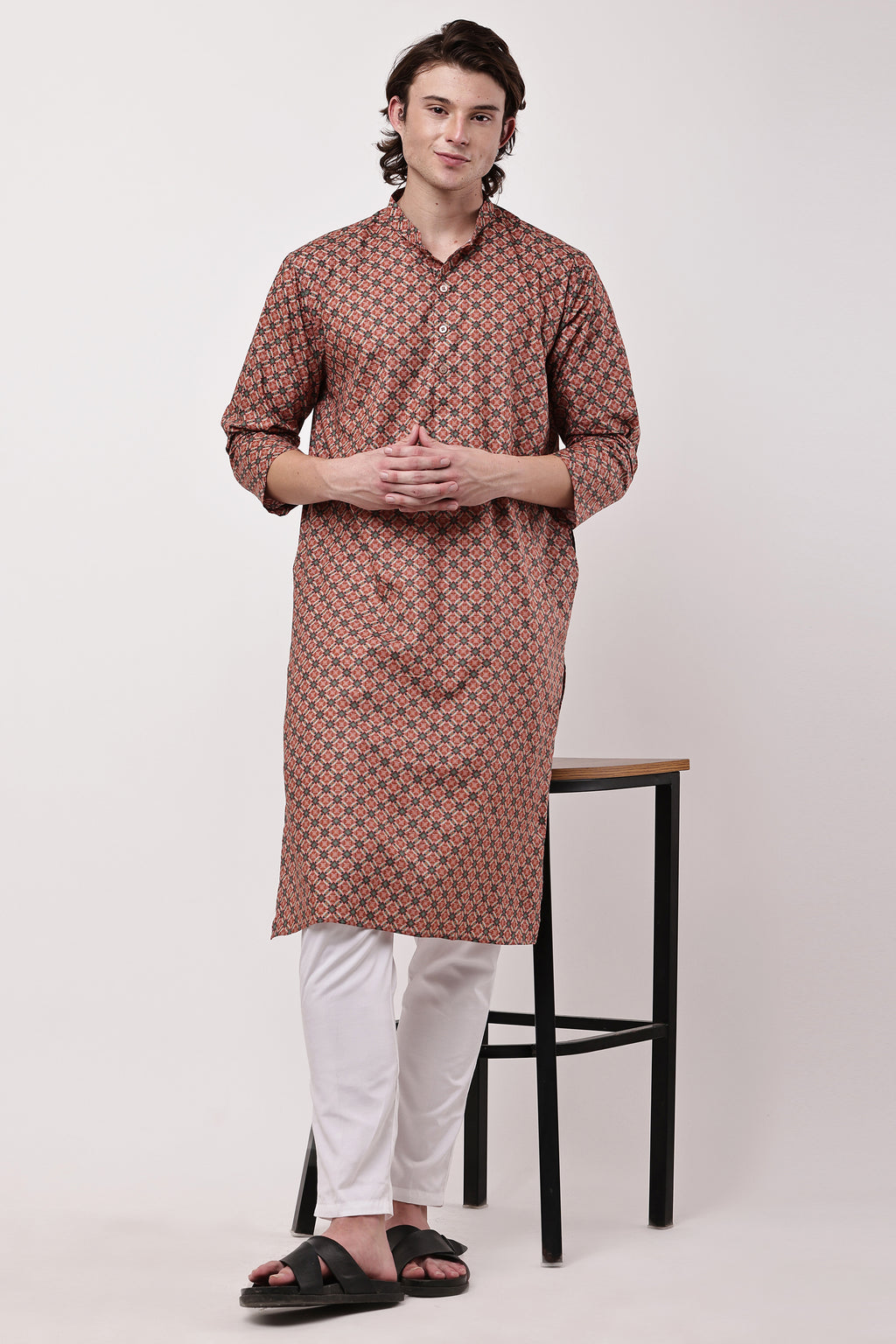 Rust Red Geometric Printed Cotton Kurta with Pyjama