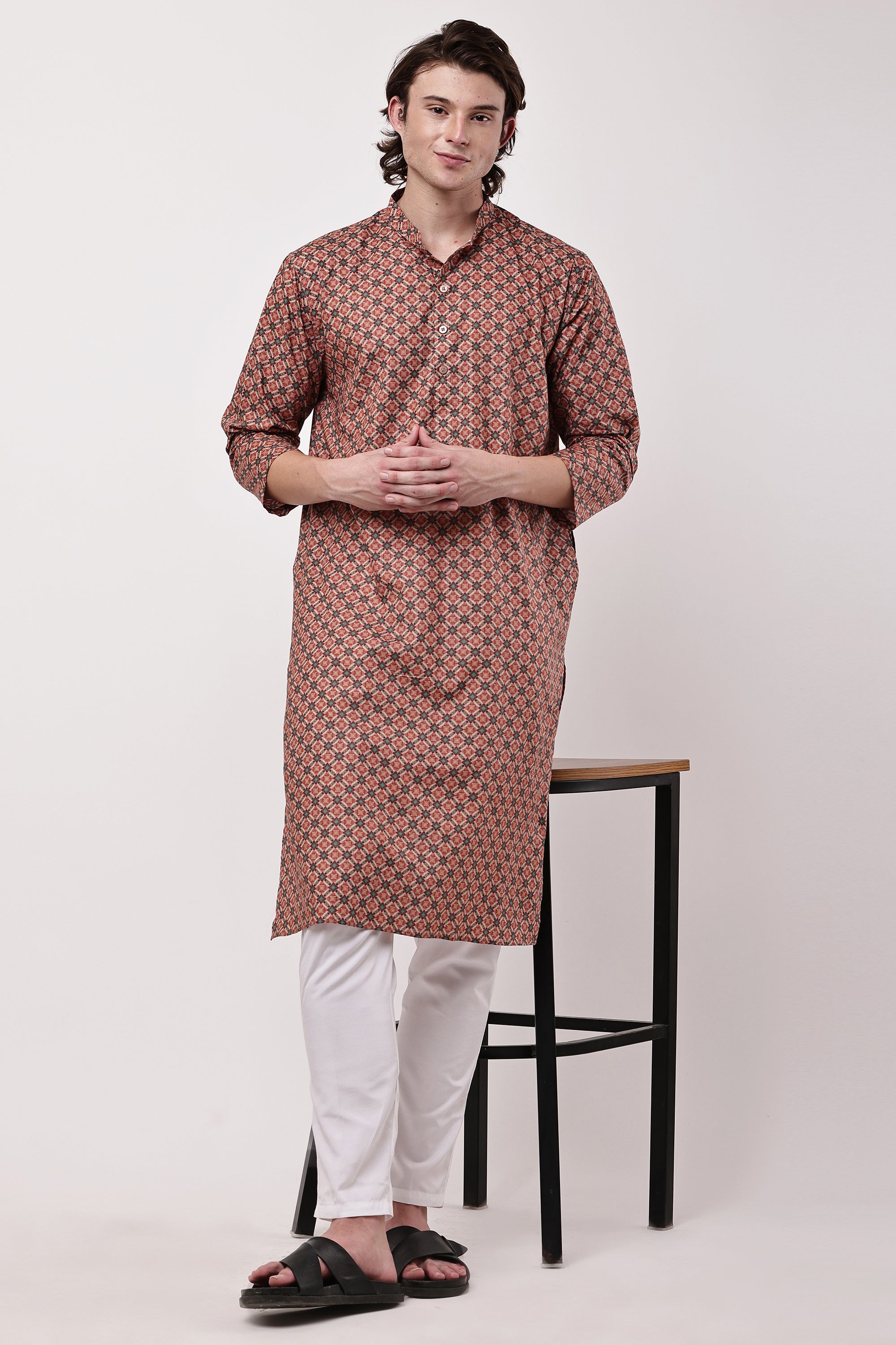 Rust Red Geometric Printed Cotton Kurta with Pyjama