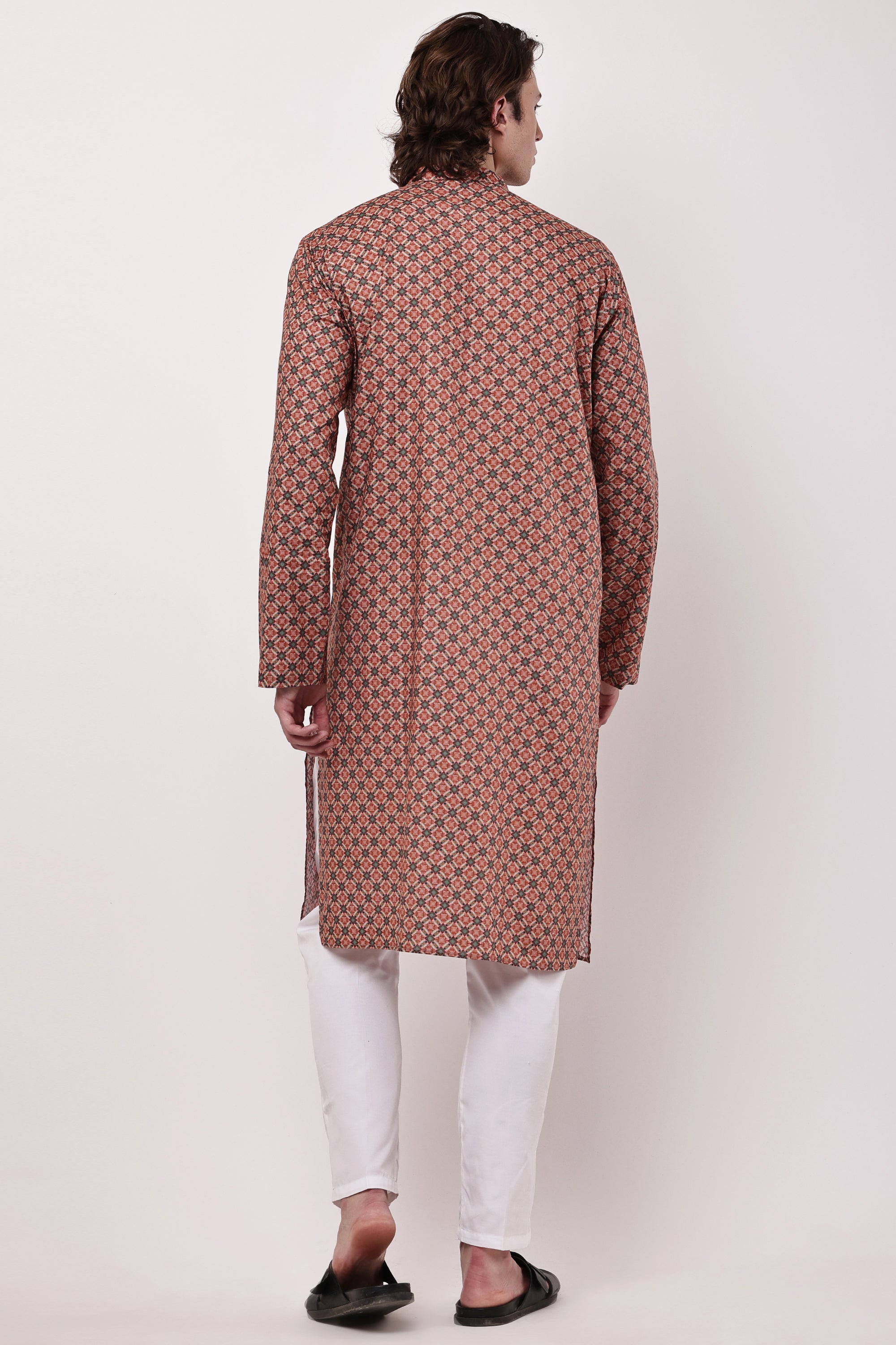 Rust Red Geometric Printed Cotton Kurta with Pyjama