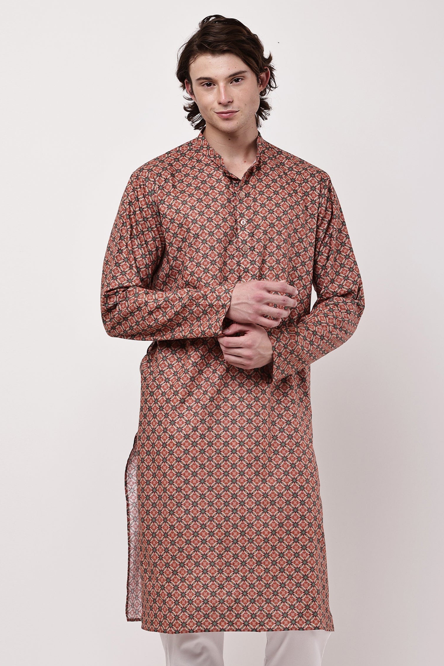 Rust Red Geometric Printed Cotton Kurta with Pyjama