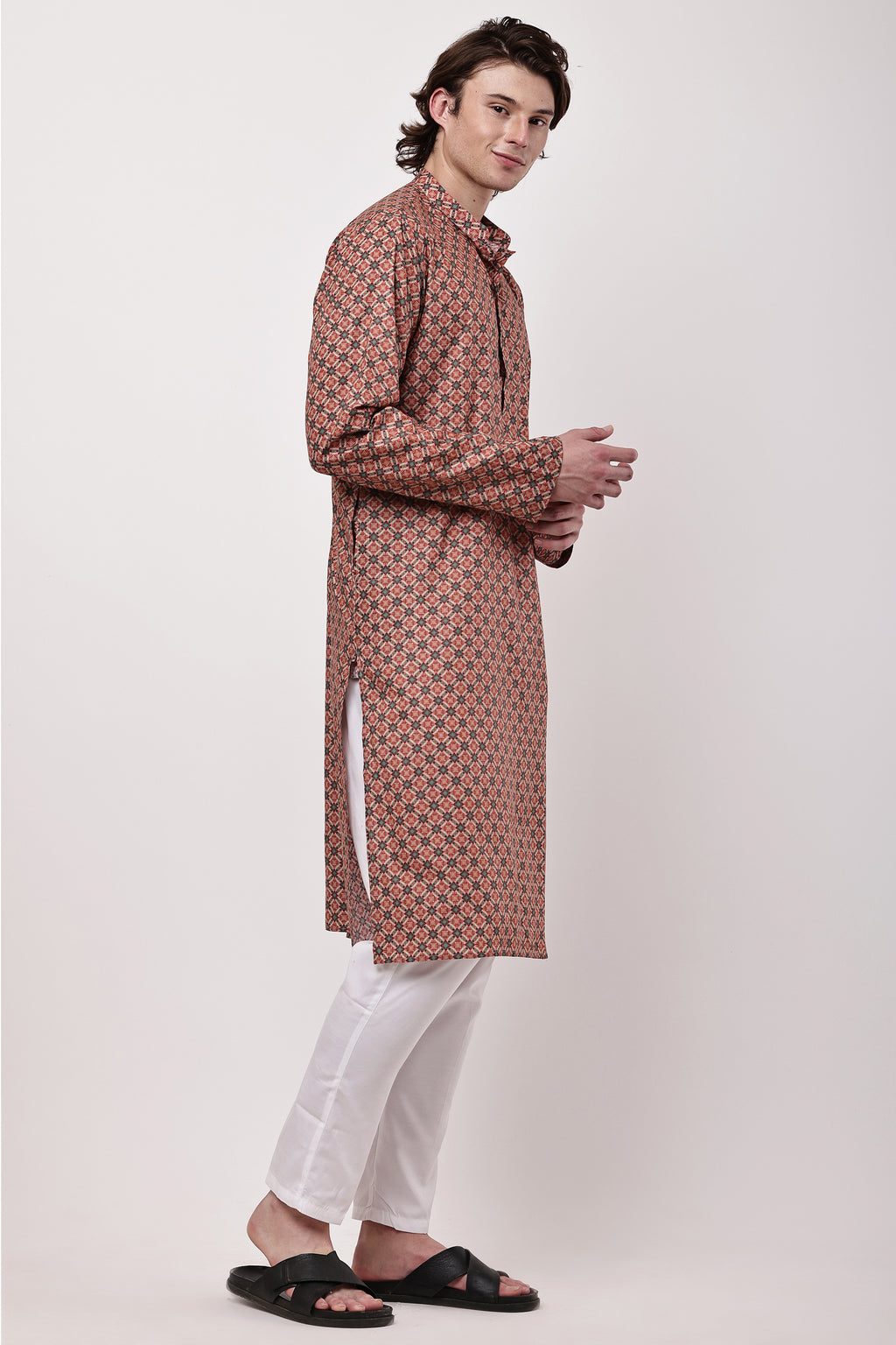 Rust Red Geometric Printed Cotton Kurta with Pyjama