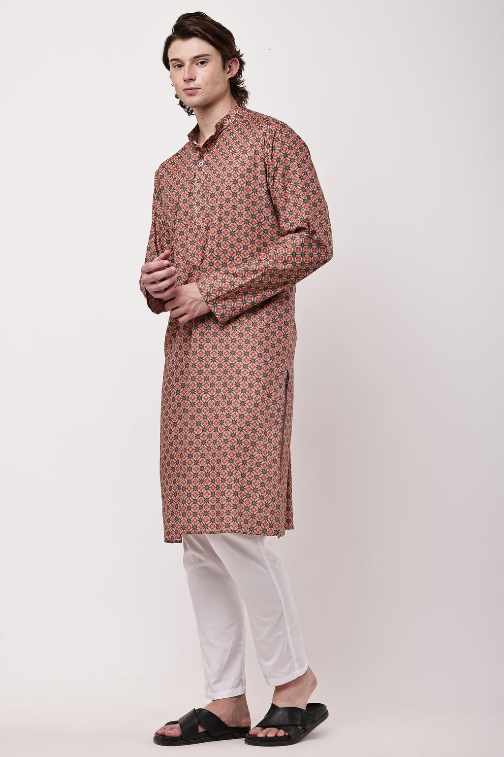 Rust Red Geometric Printed Cotton Kurta with Pyjama