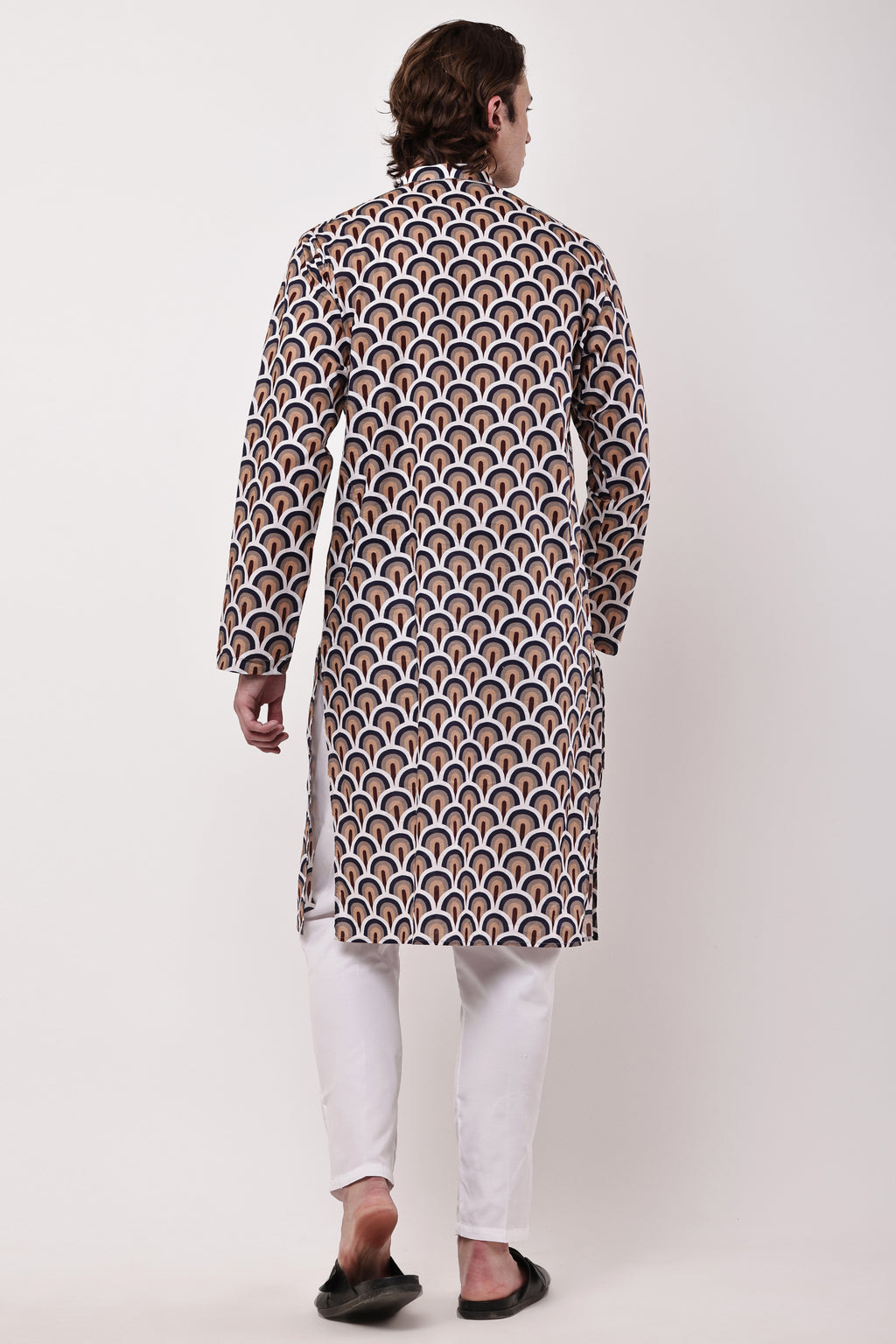 Men Navy Blue & Beige Geometric Printed Cotton Kurta Set