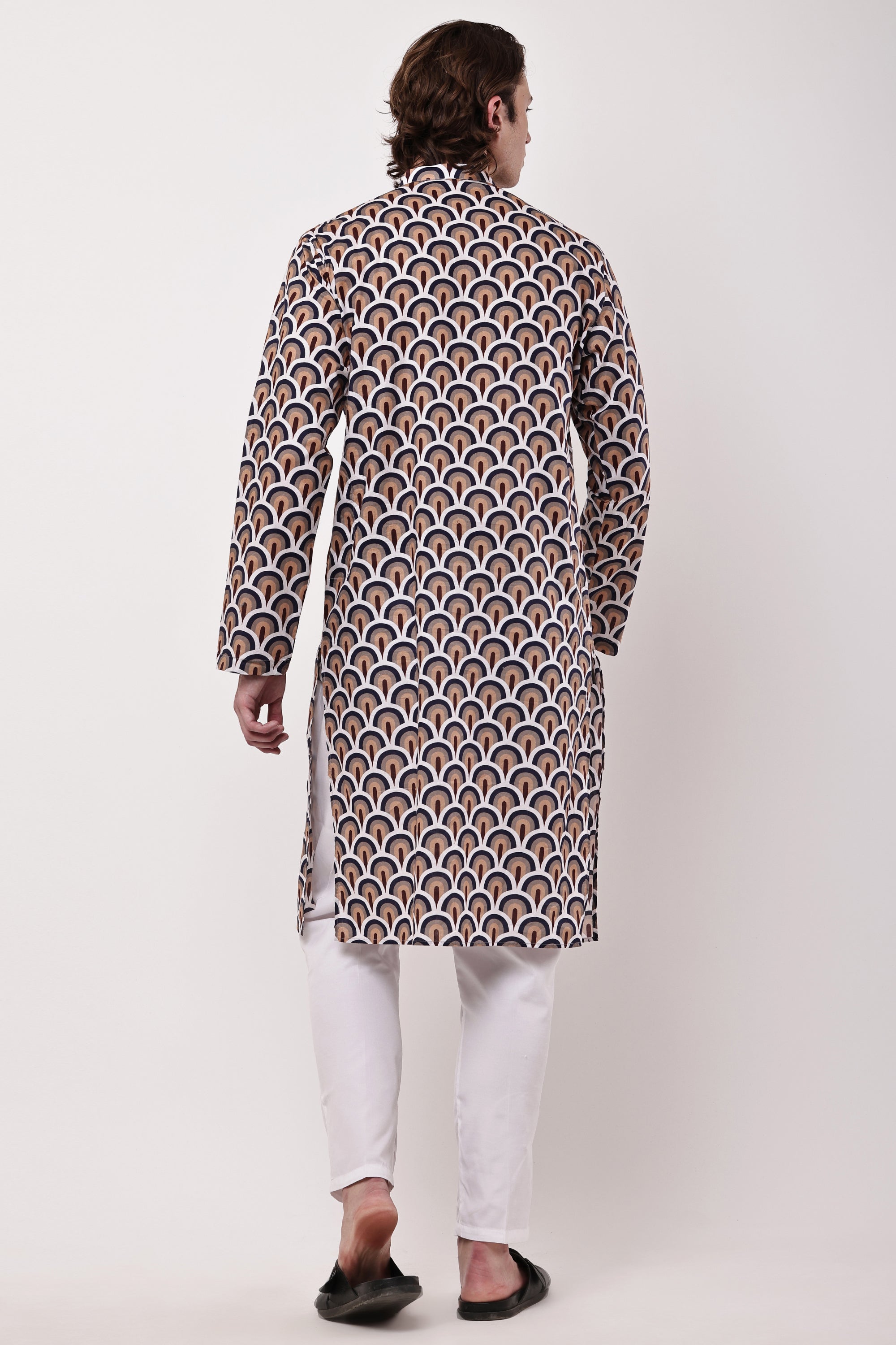 Men Navy Blue & Beige Geometric Printed Cotton Kurta Set