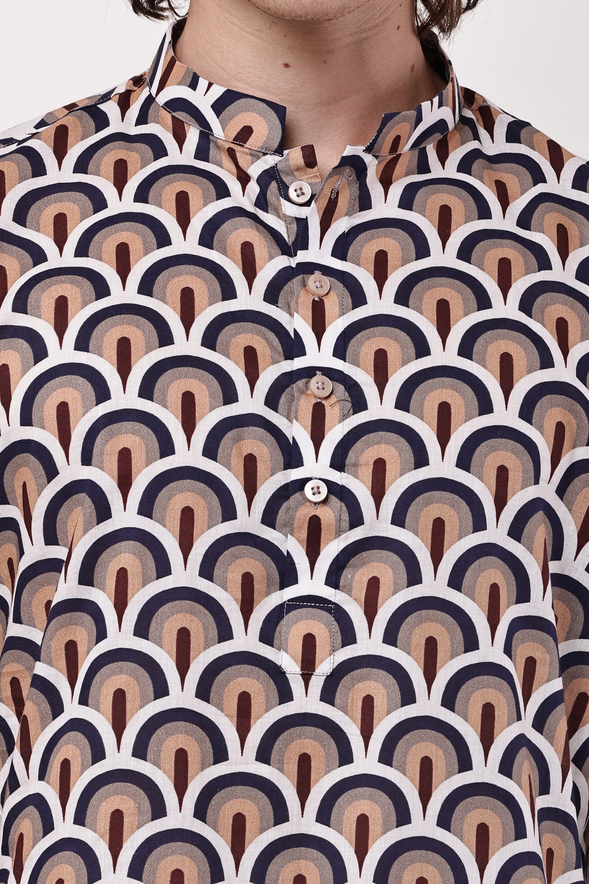 Men Navy Blue & Beige Geometric Printed Cotton Kurta Set