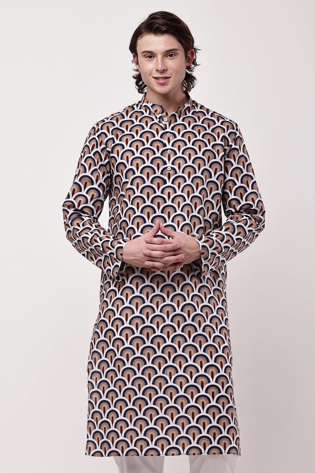 Men Navy Blue & Beige Geometric Printed Cotton Kurta Set