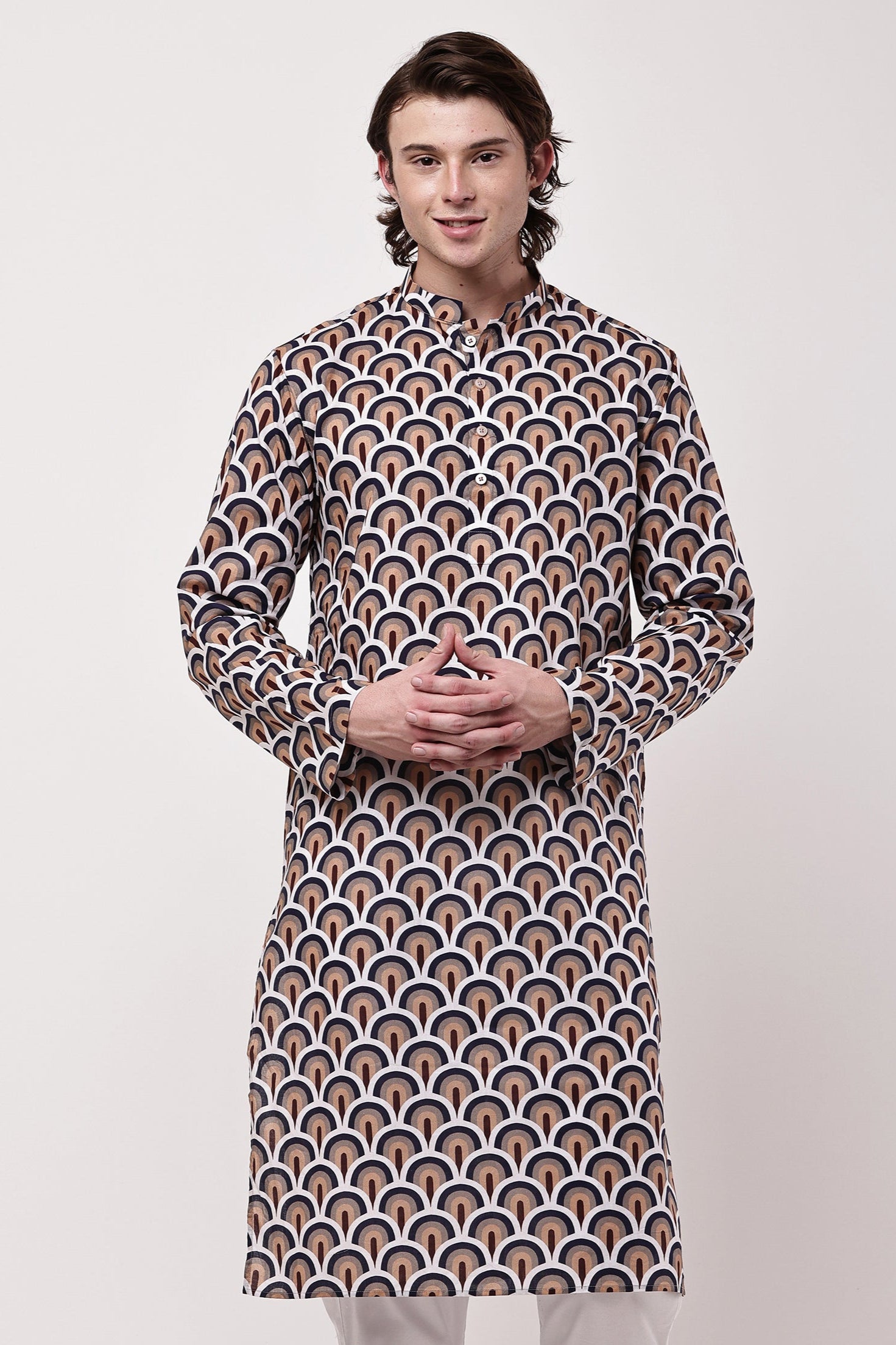 Men Navy Blue & Beige Geometric Printed Cotton Kurta Set