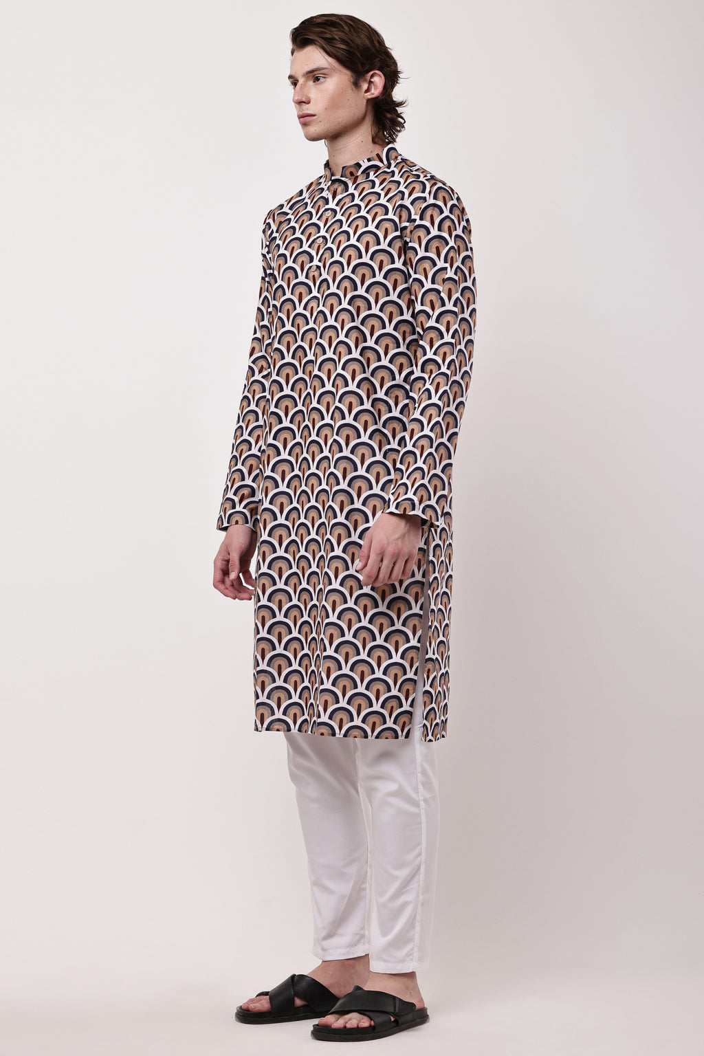 Men Navy Blue & Beige Geometric Printed Cotton Kurta Set