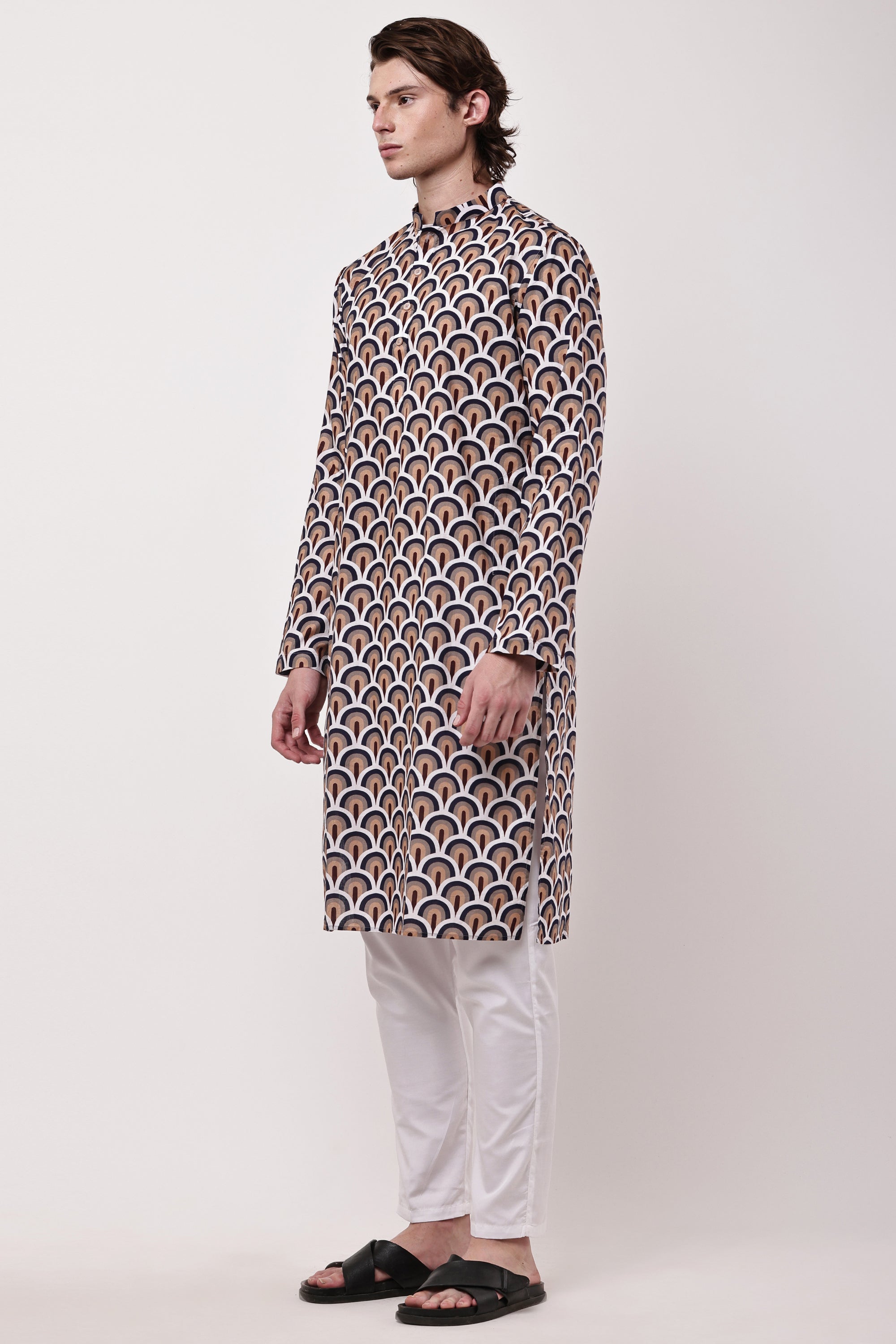 Men Navy Blue & Beige Geometric Printed Cotton Kurta Set