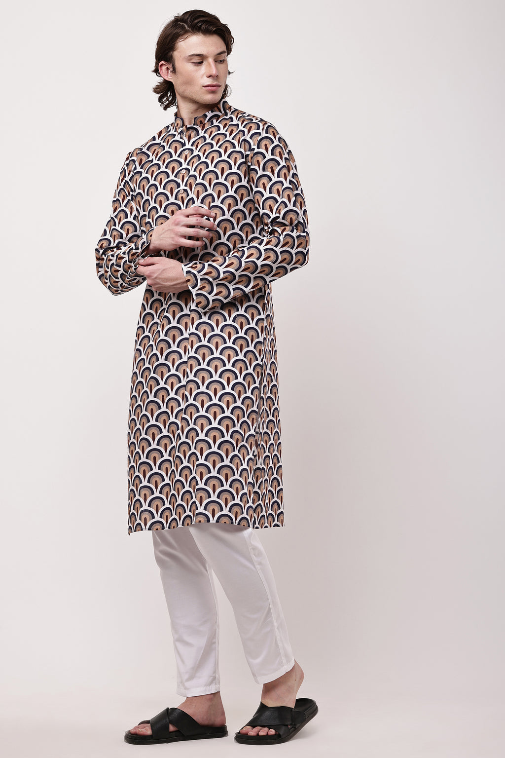 Men Navy Blue & Beige Geometric Printed Cotton Kurta Set